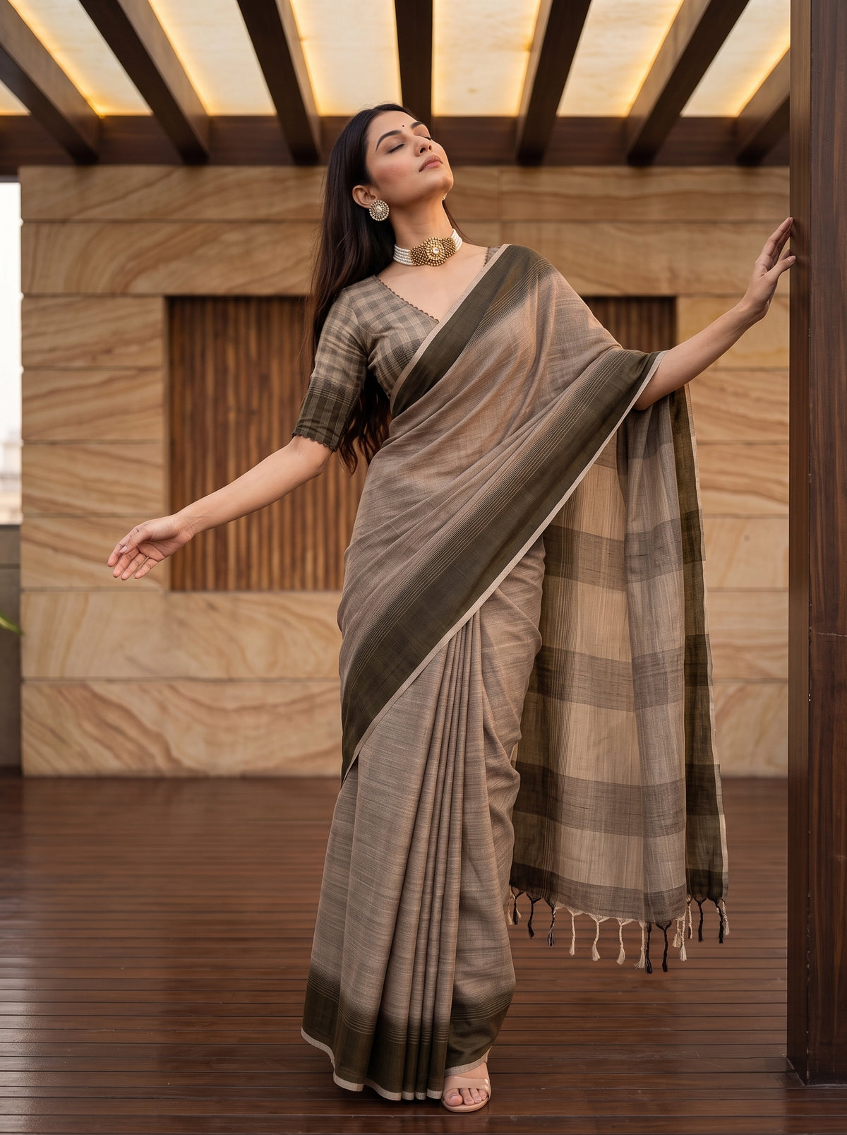 MIMOSA Chiku Banarasi Saree — pose 5 styling detail