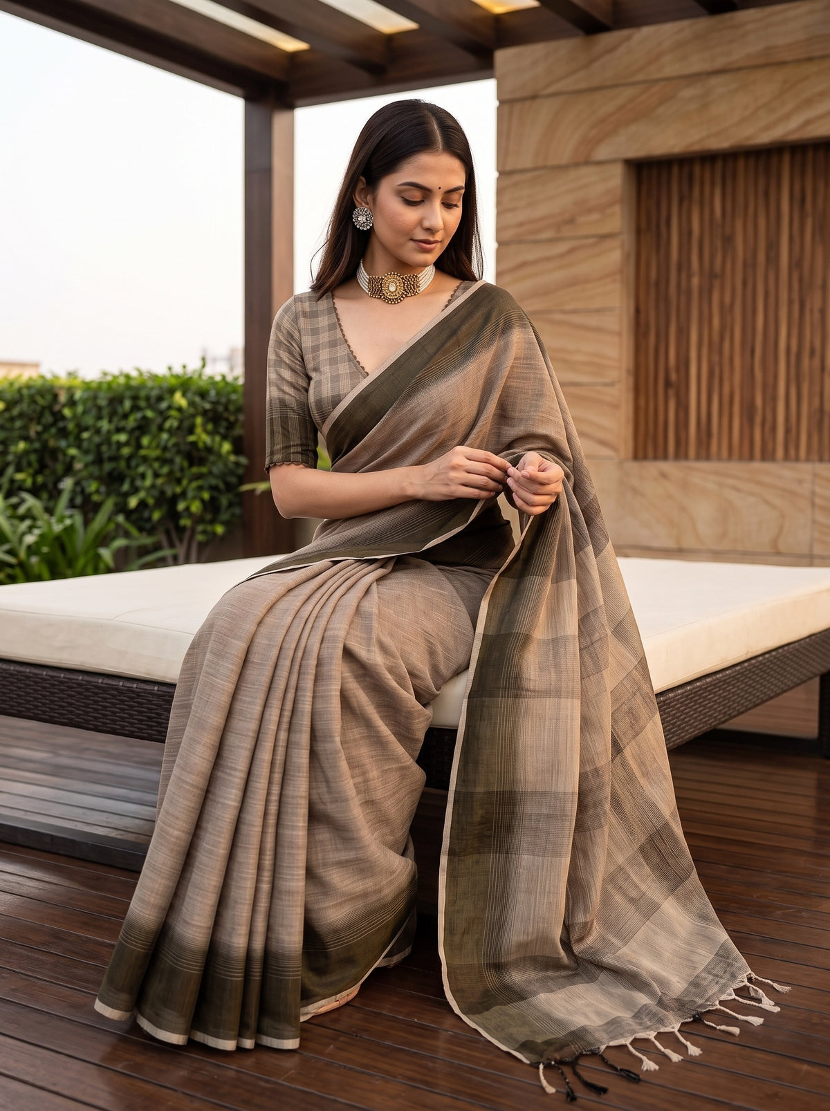 MIMOSA Chiku Banarasi Saree — pose 8 styling detail