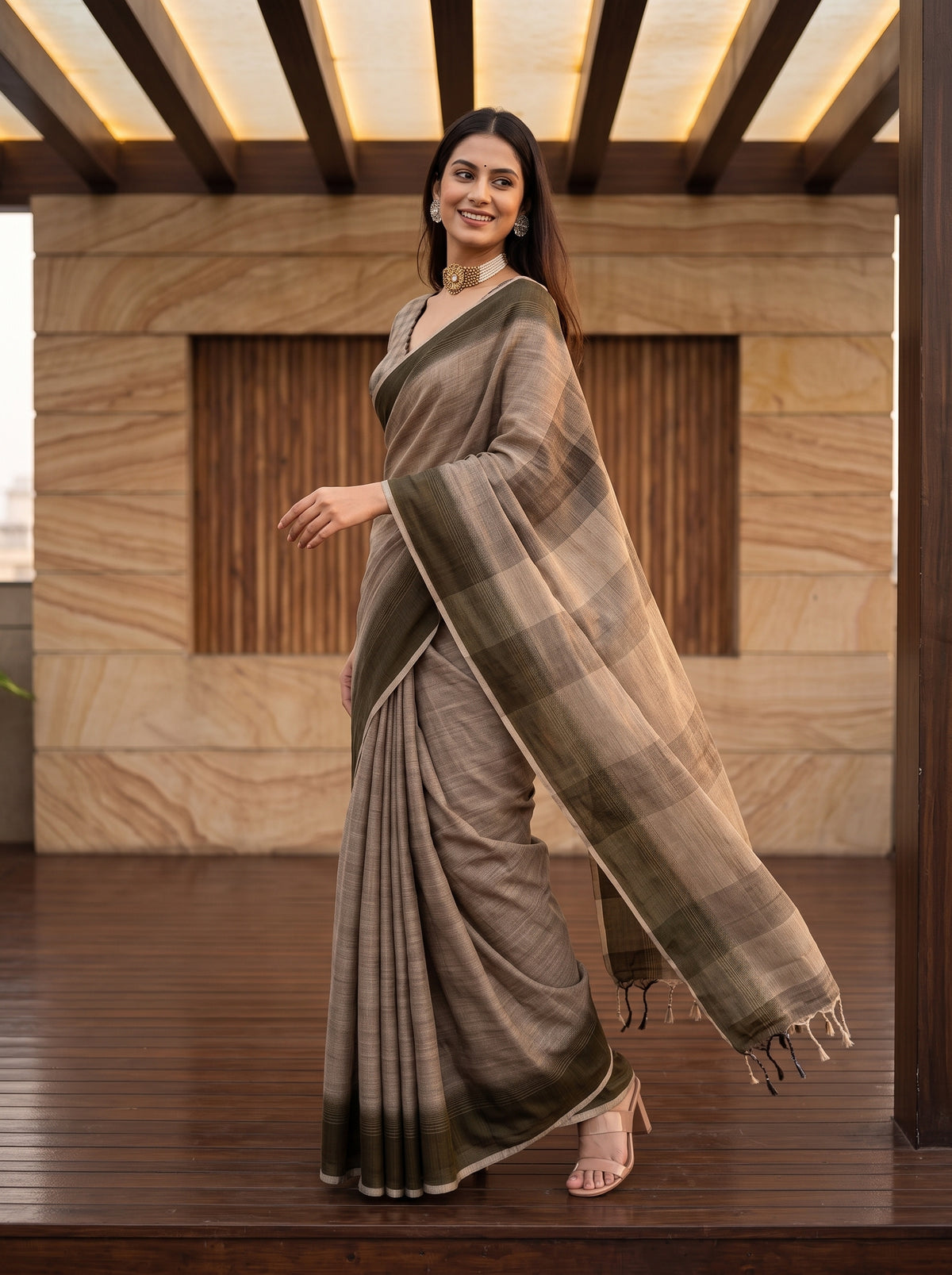 MIMOSA Chiku Banarasi Saree — pose 9 styling detail