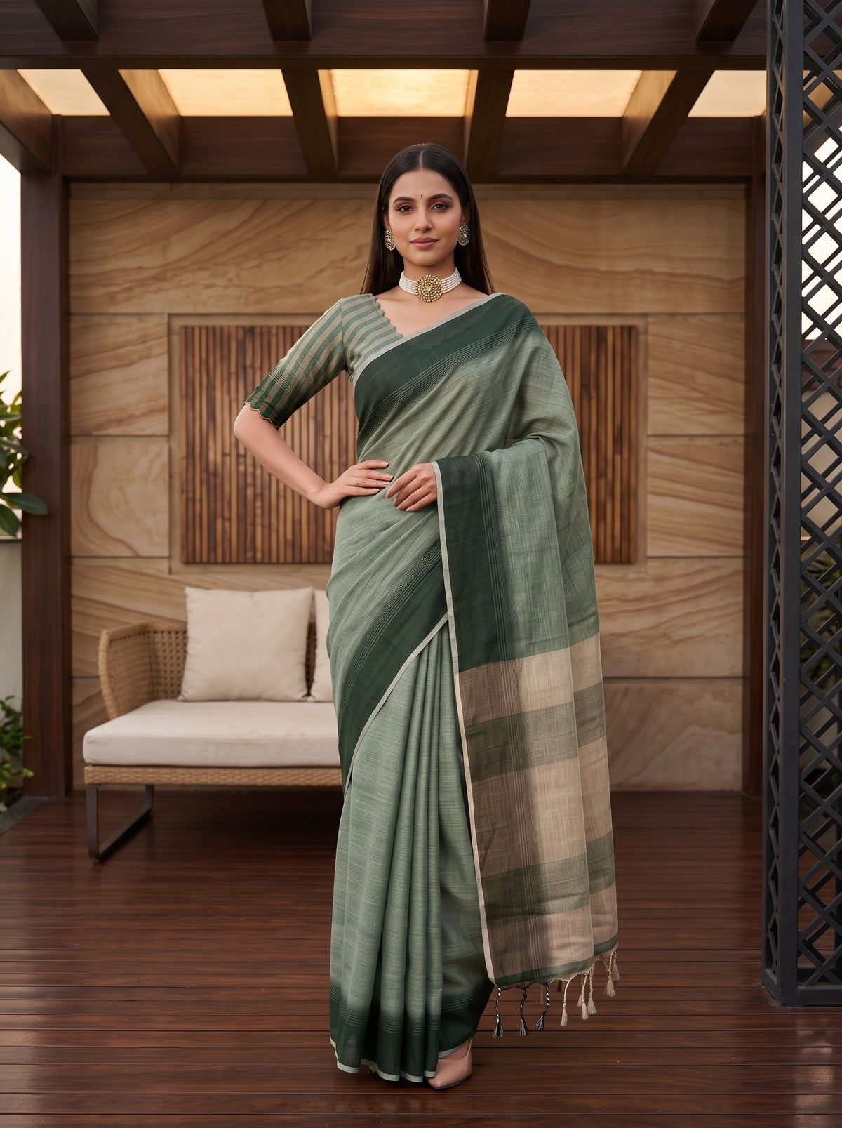 MIMOSA Green Banarasi Saree — pose 4 styling detail
