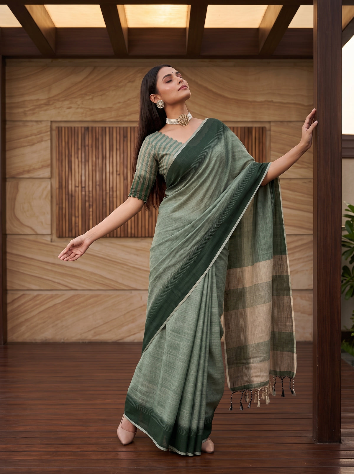 MIMOSA Green Banarasi Saree — pose 5 styling detail