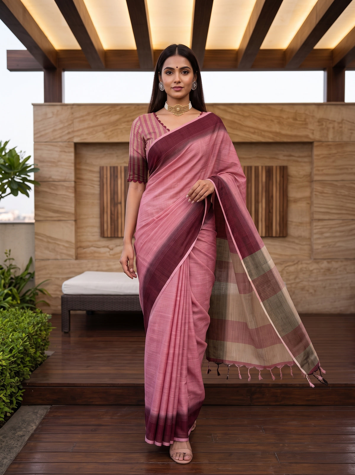 MIMOSA Strawberry Banarasi Saree — pose 6 styling detail