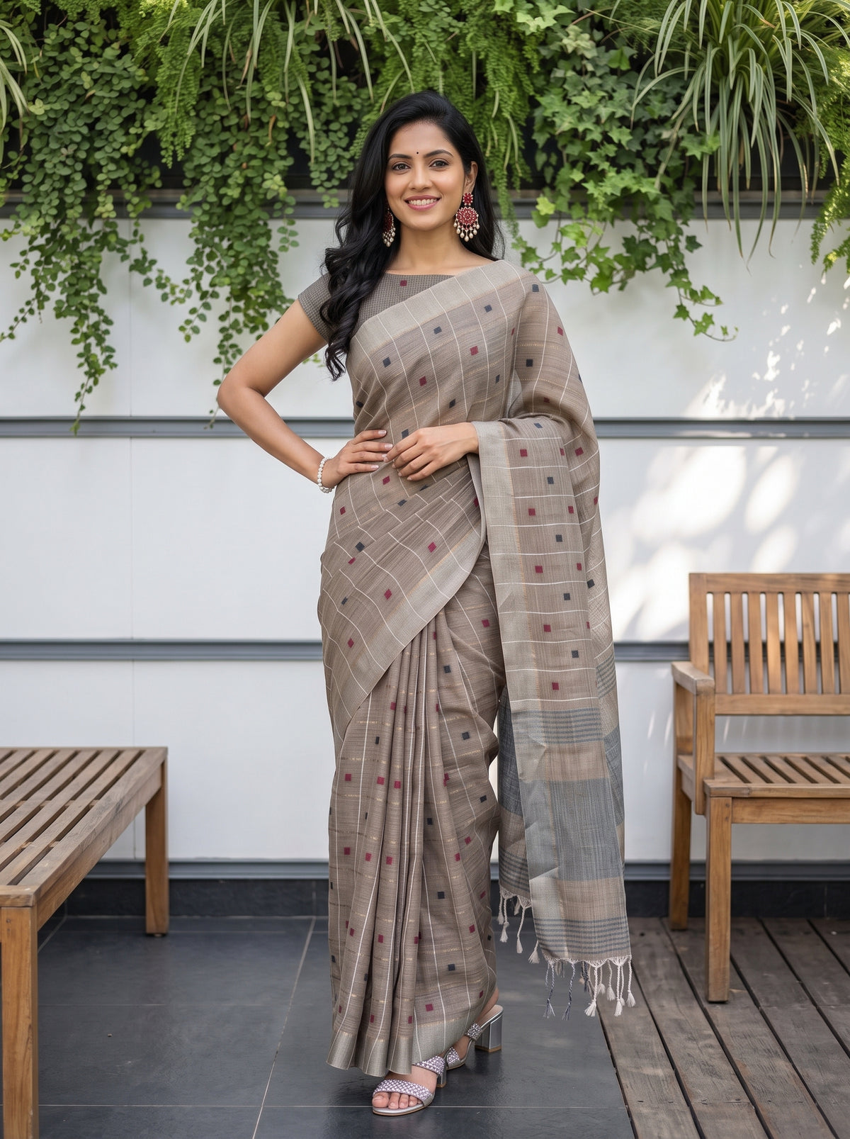 MIMOSA Brown Banarasi Cotton Saree — pose 4 styling detail