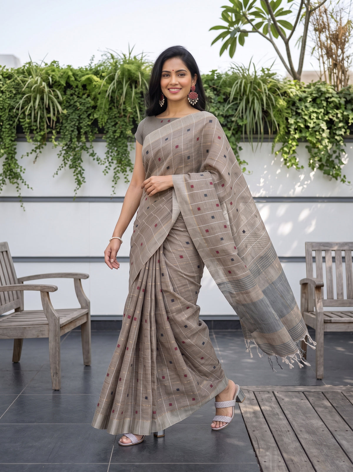 MIMOSA Brown Banarasi Cotton Saree — pose 6 styling detail