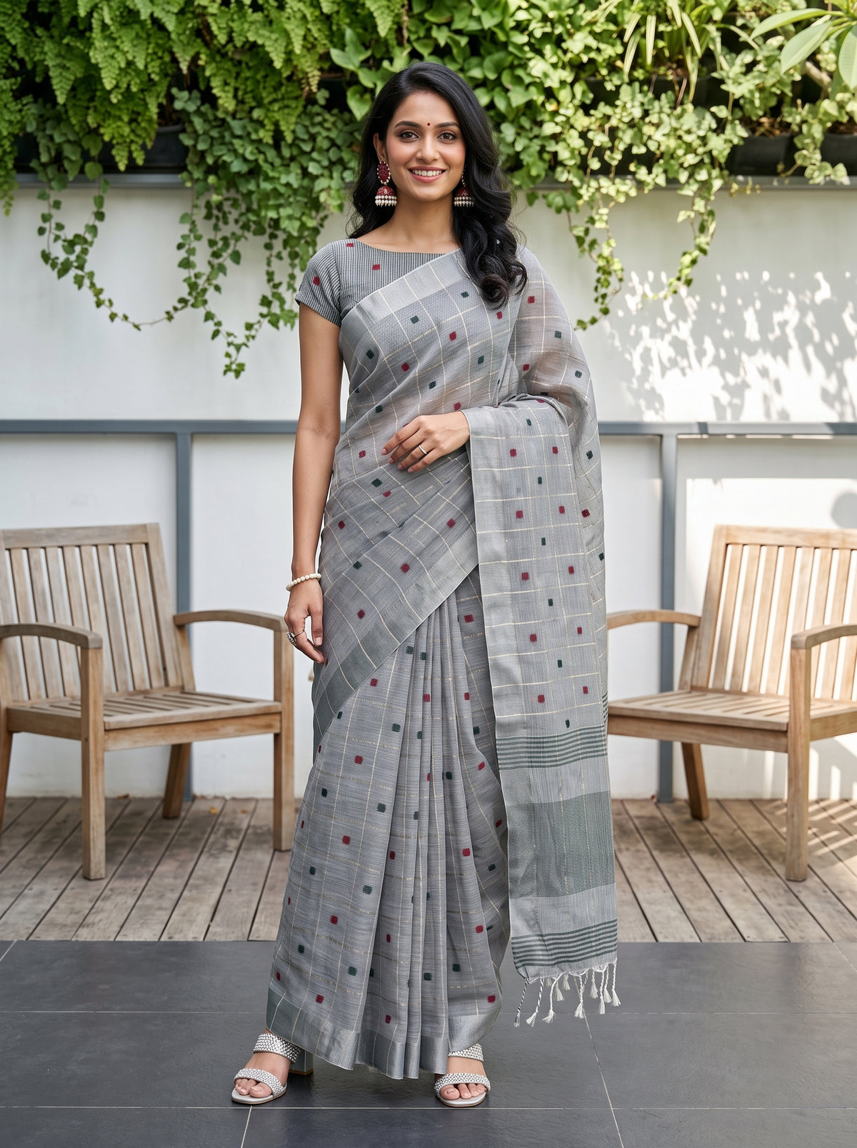 MIMOSA Grey Banarasi Cotton Saree — AI Model lifestyle pose