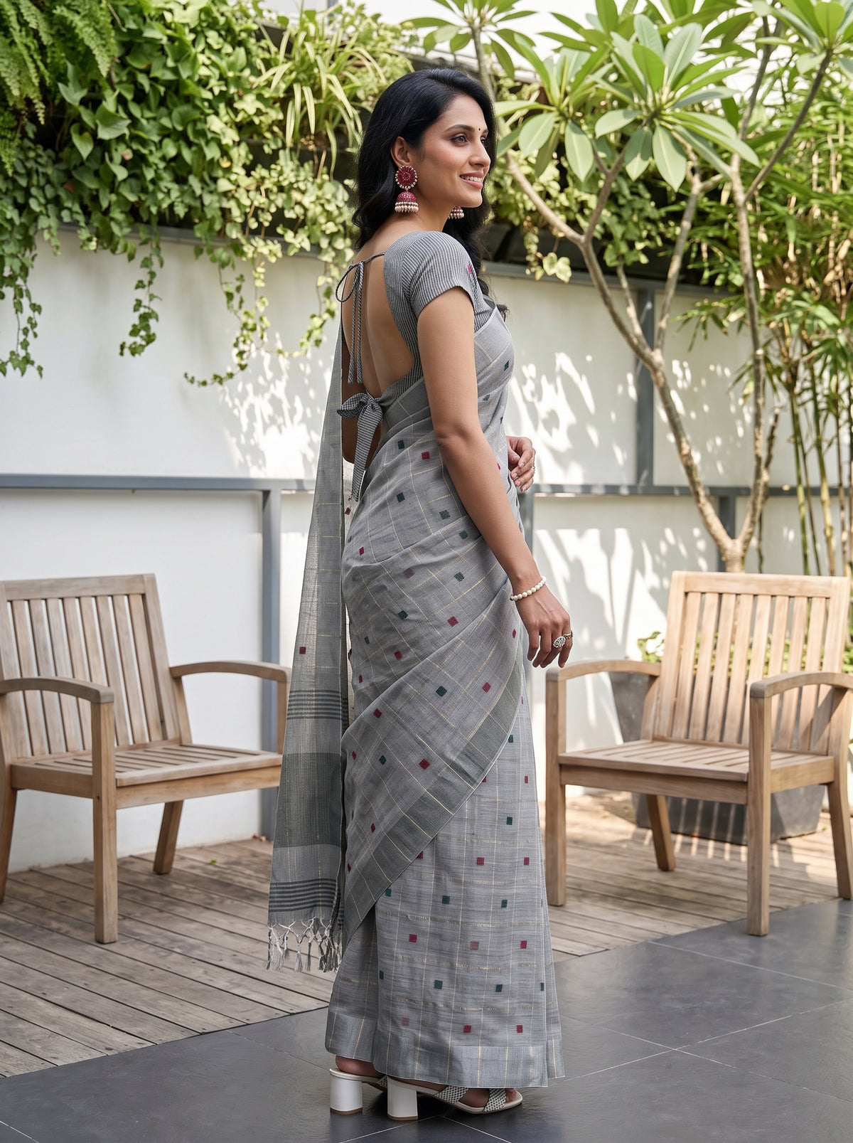 MIMOSA Grey Banarasi Cotton Saree — pose 3 styling detail