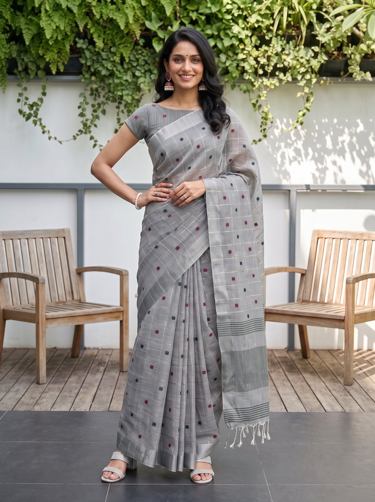 MIMOSA Grey Banarasi Cotton Saree — pose 4 styling detail