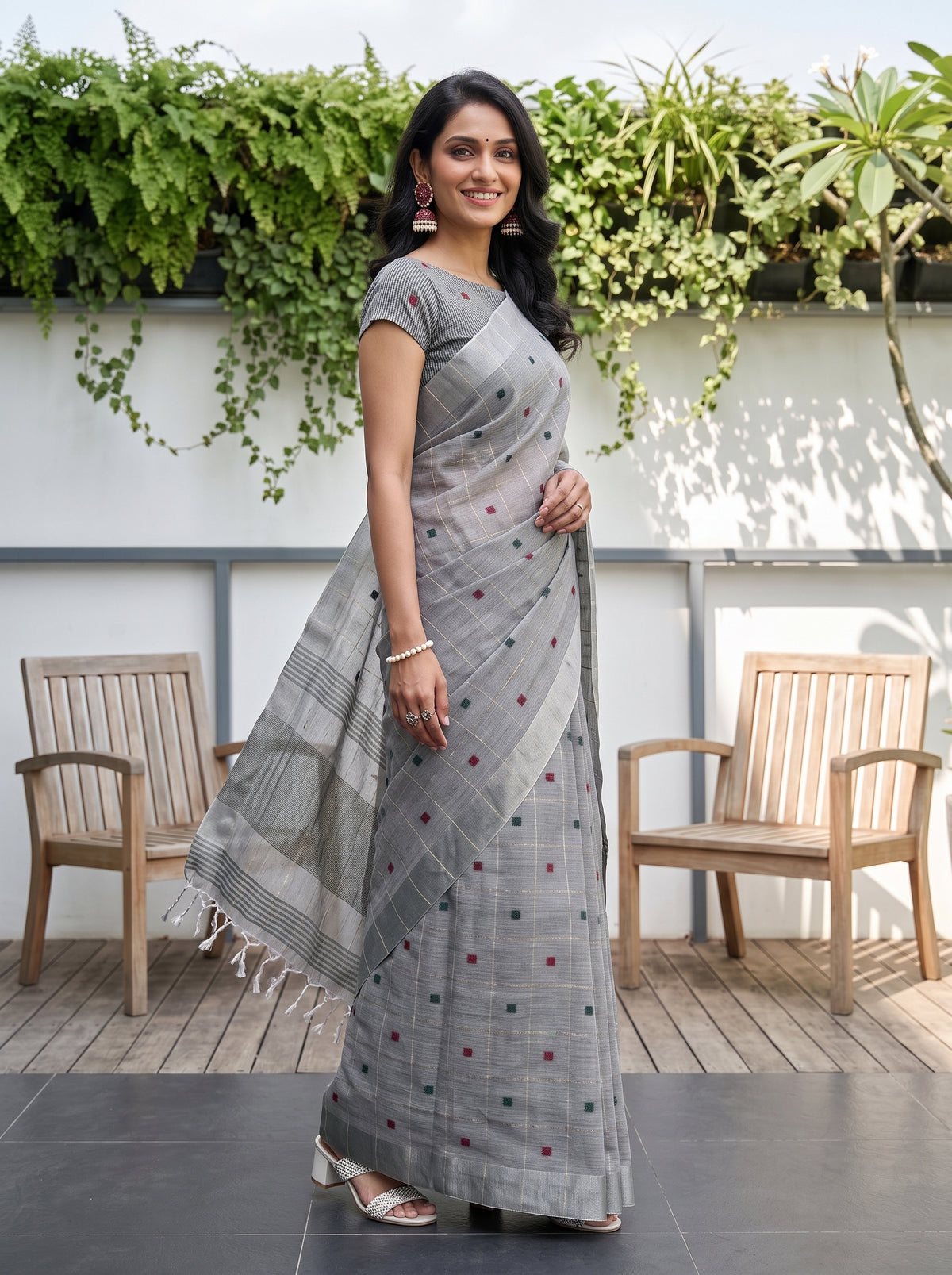 MIMOSA Grey Banarasi Cotton Saree — pose 5 styling detail