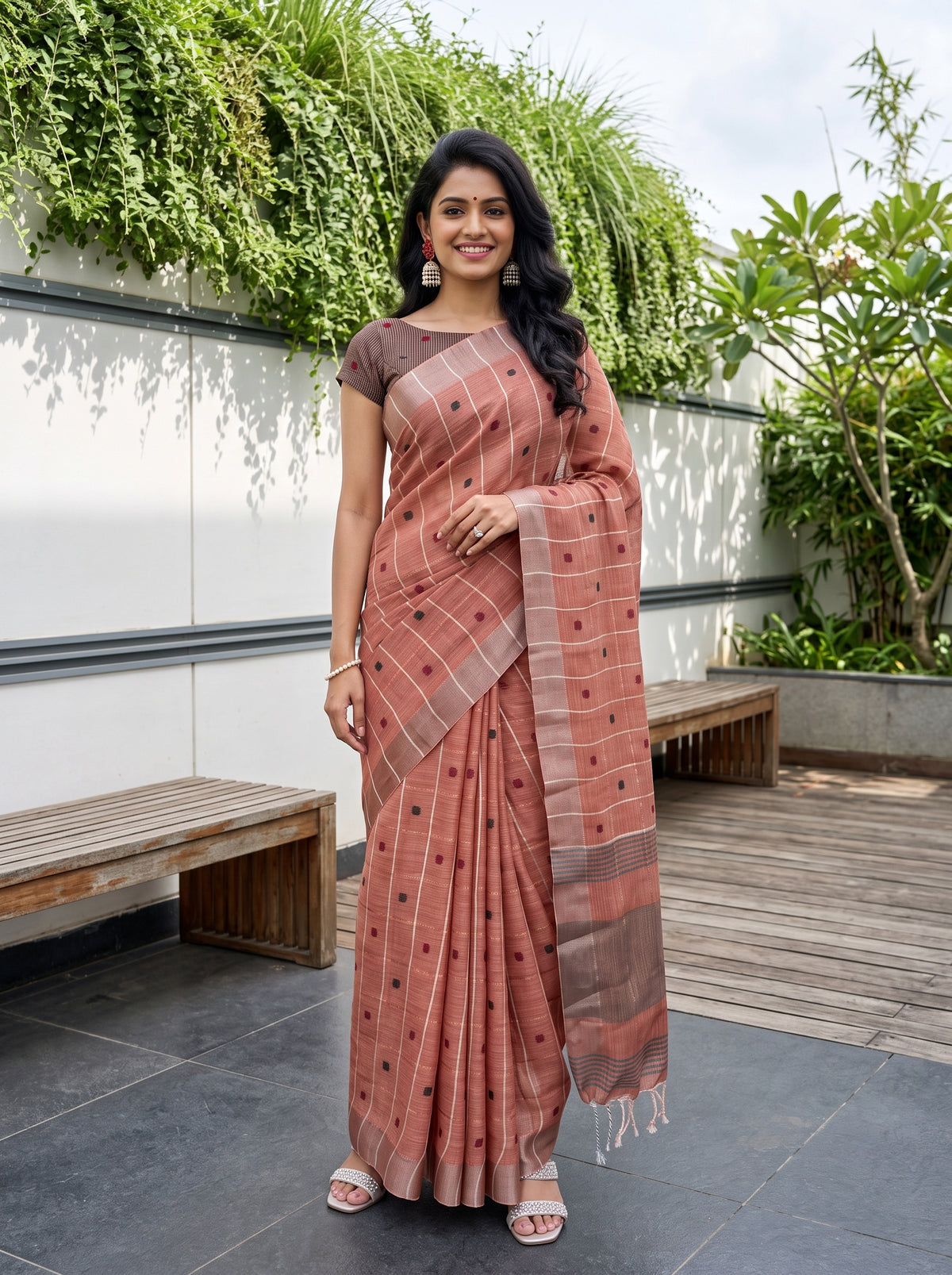 MIMOSA Orange Banarasi Cotton Saree — AI Model lifestyle pose