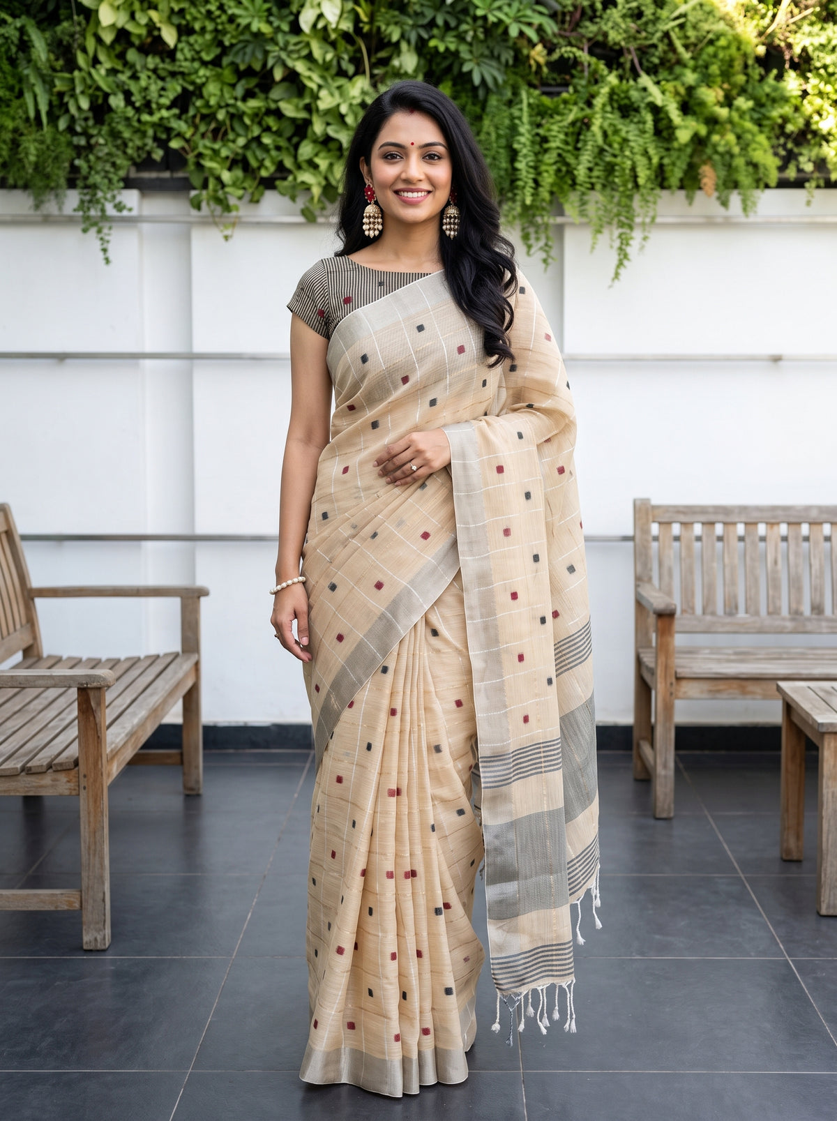 MIMOSA Tussar Banarasi Cotton Saree — AI Model lifestyle pose