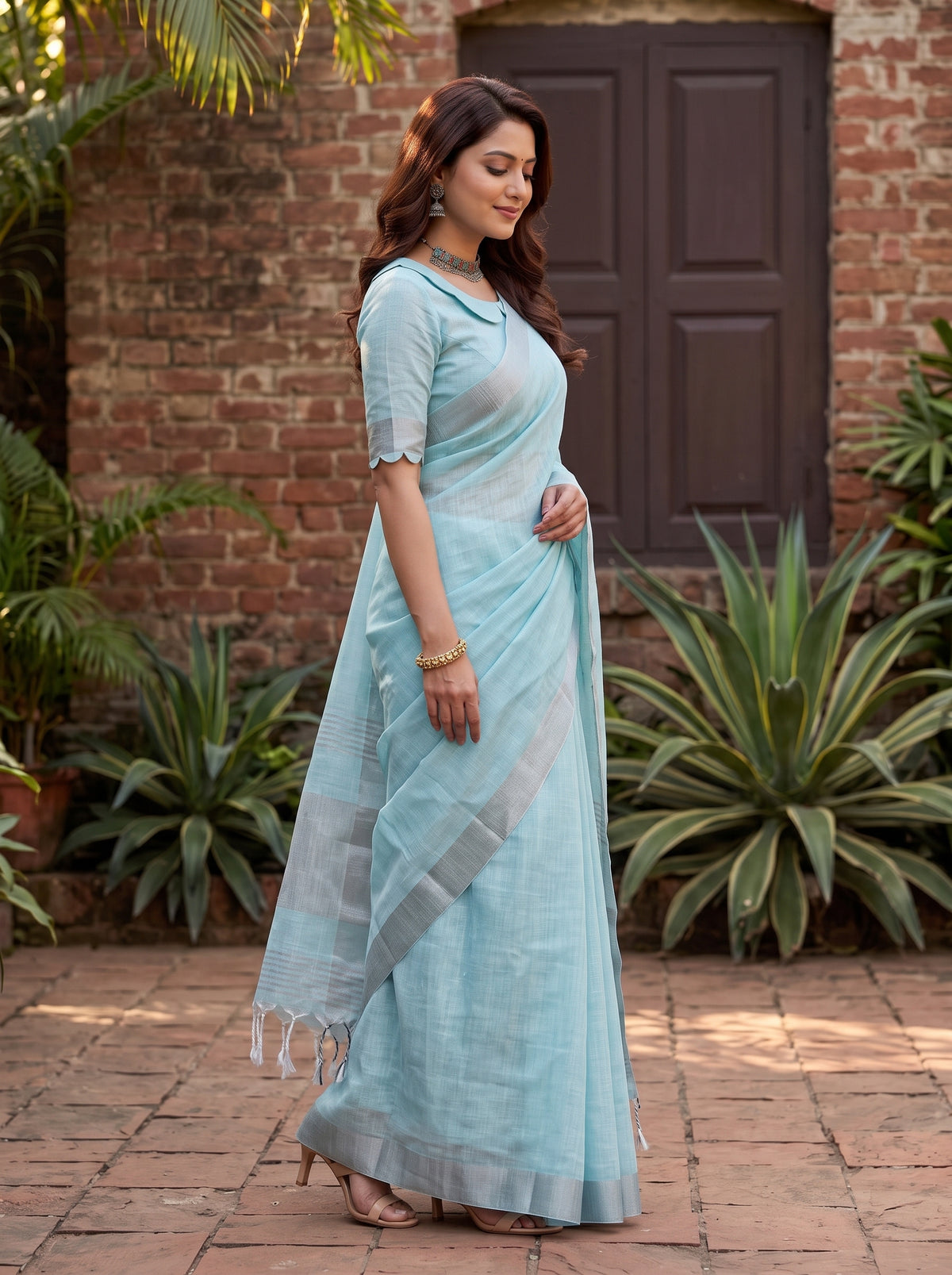 MIMOSA Blue Banarasi Cotton Saree — pose 3 styling detail