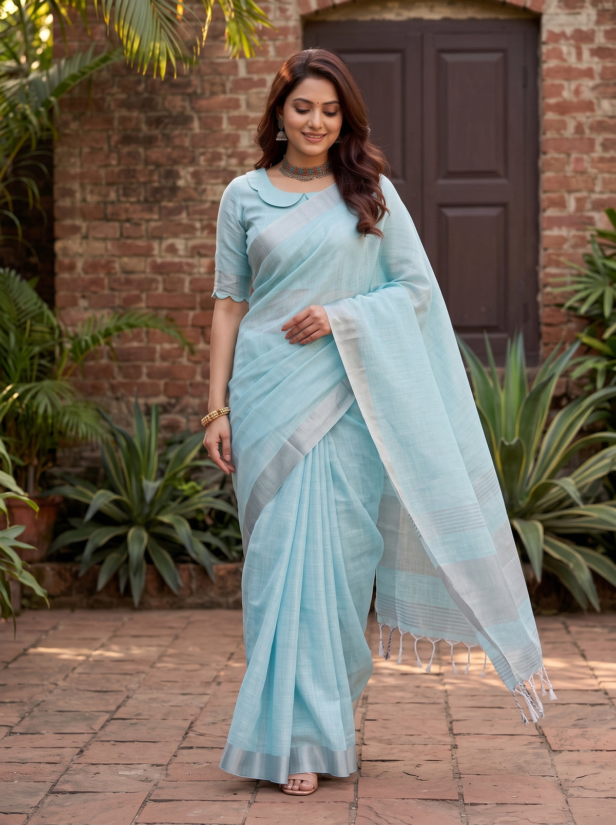 MIMOSA Blue Banarasi Cotton Saree — pose 6 styling detail