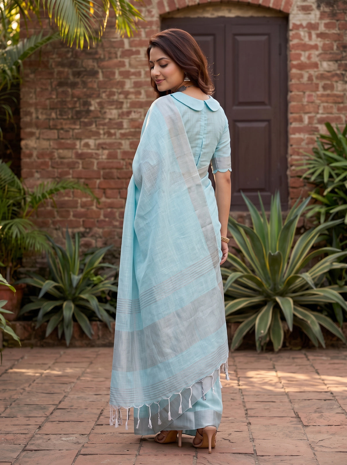 MIMOSA Blue Banarasi Cotton Saree — pose 7 styling detail