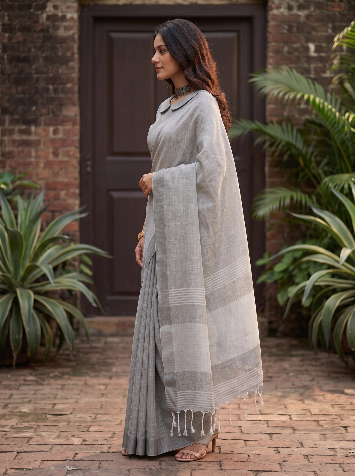 MIMOSA Grey Banarasi Cotton Saree — pose 3 styling detail