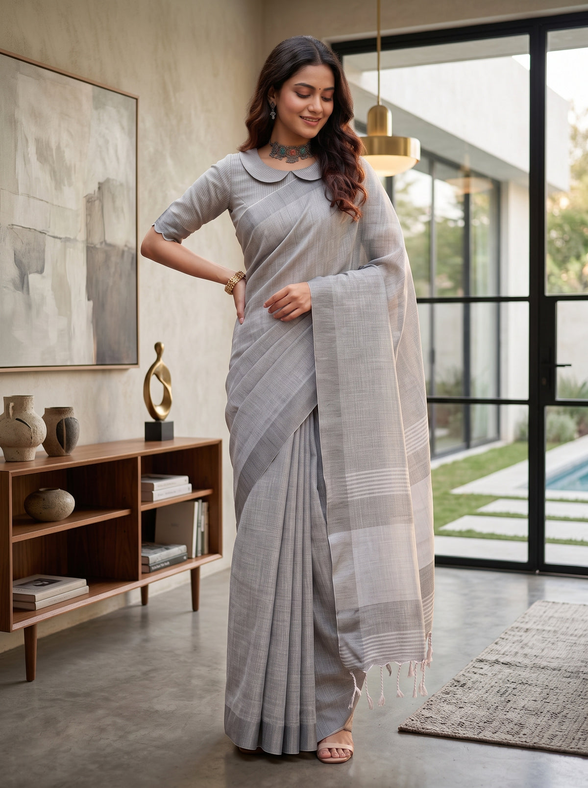 MIMOSA Grey Banarasi Cotton Saree — pose 4 styling detail