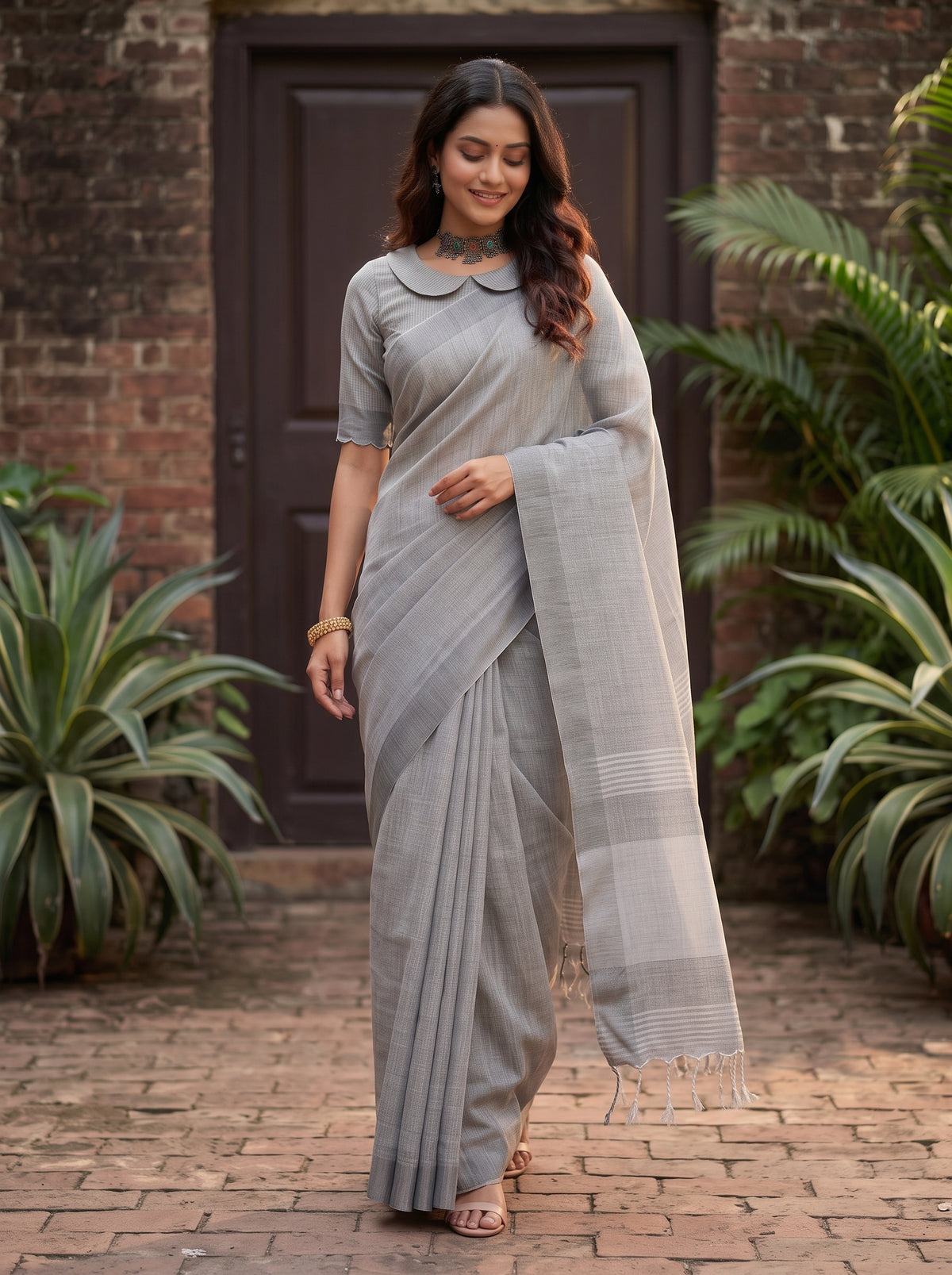 MIMOSA Grey Banarasi Cotton Saree — pose 6 styling detail