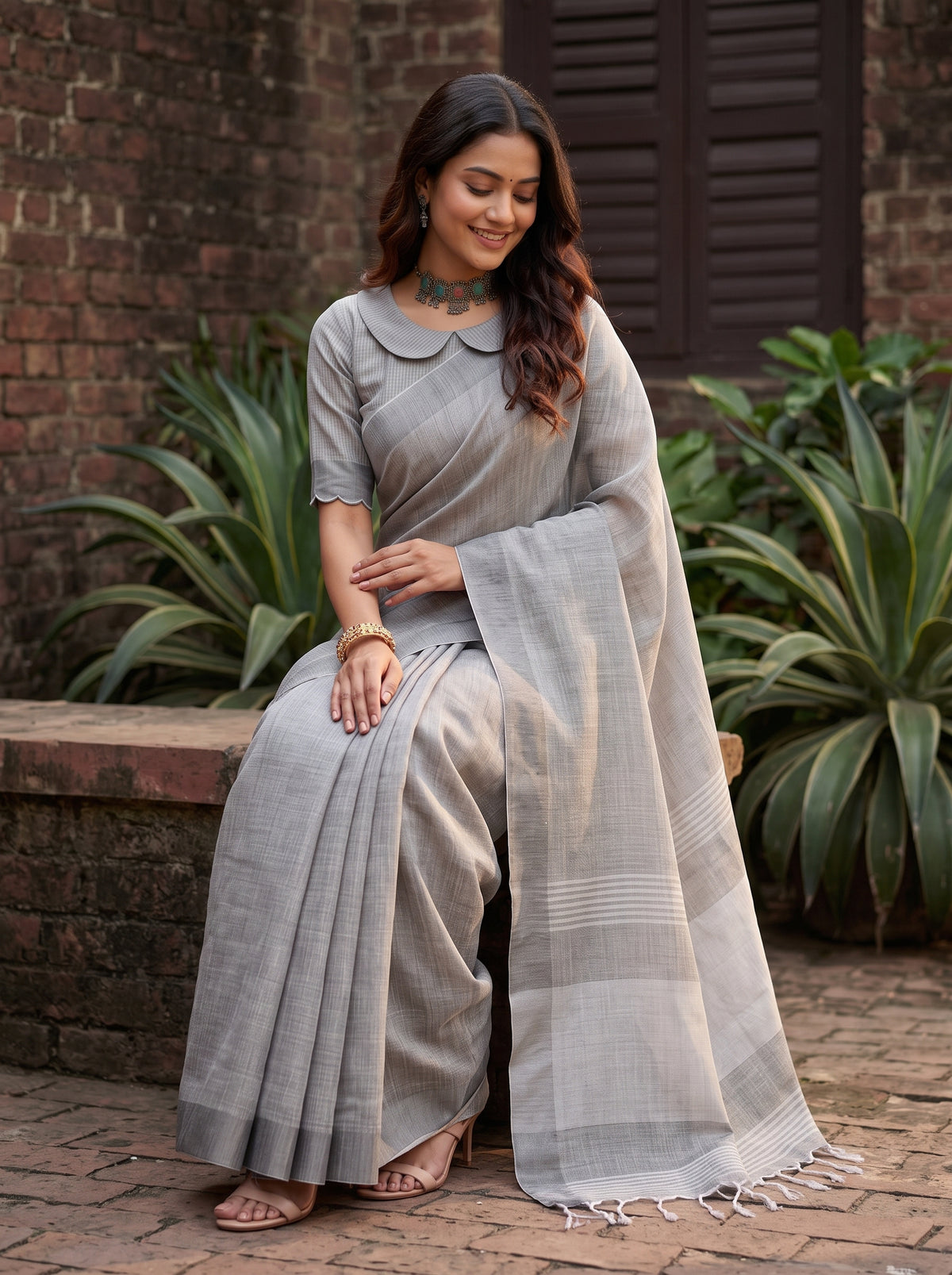 MIMOSA Grey Banarasi Cotton Saree — pose 8 styling detail