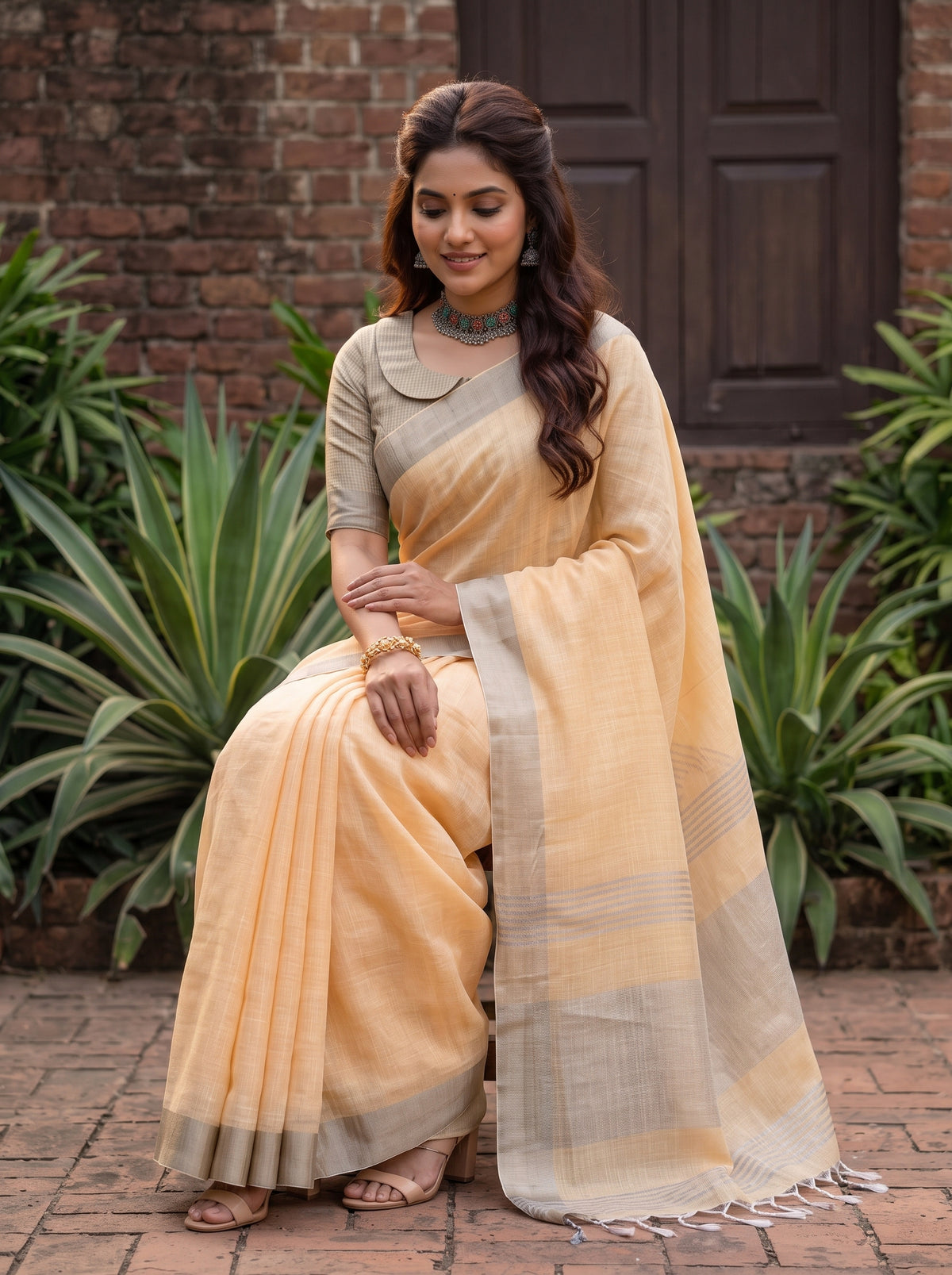 MIMOSA Orange Banarasi Cotton Saree — pose 10 styling detail