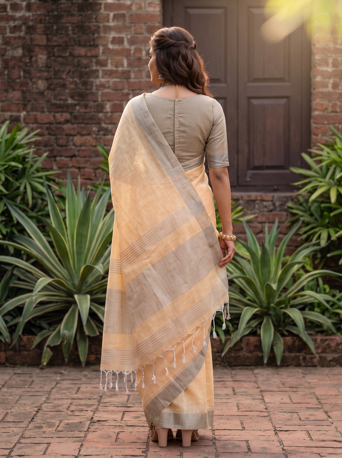 MIMOSA Orange Banarasi Cotton Saree — Pallu and body detail