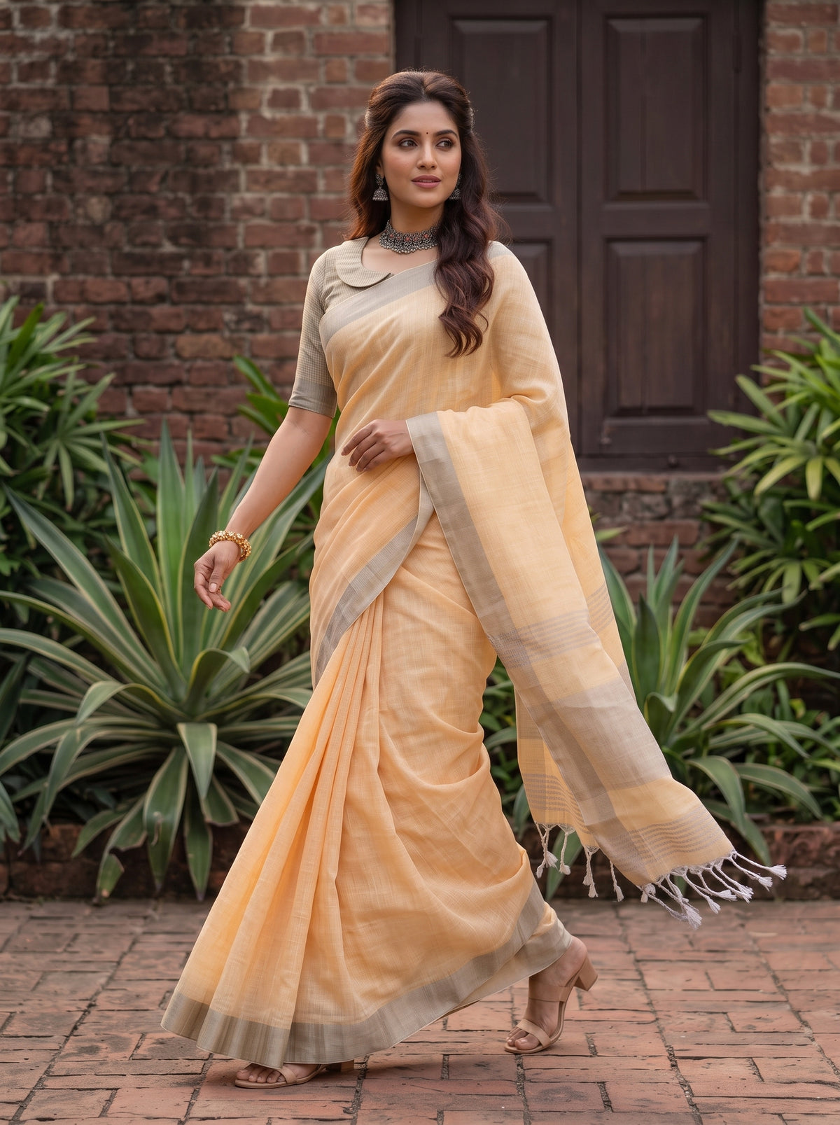 MIMOSA Orange Banarasi Cotton Saree — pose 6 styling detail