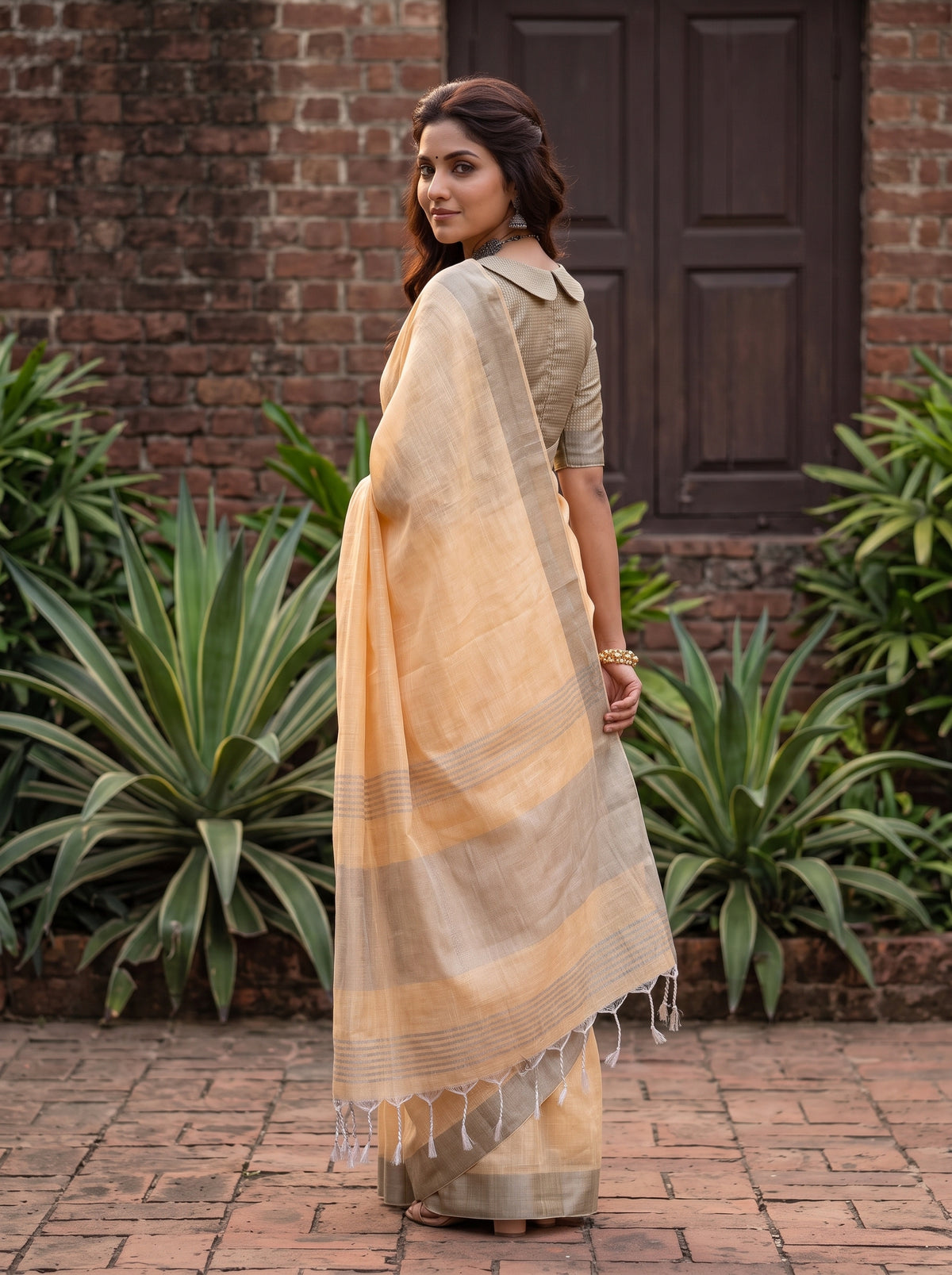 MIMOSA Orange Banarasi Cotton Saree — pose 7 styling detail