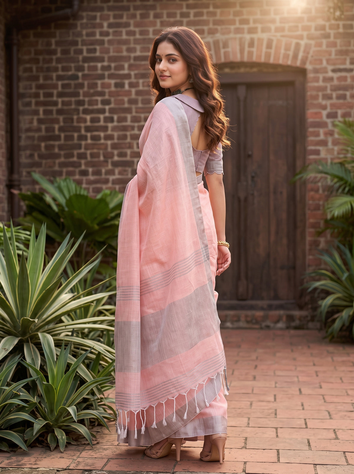 MIMOSA Peach Banarasi Cotton Saree — pose 7 styling detail