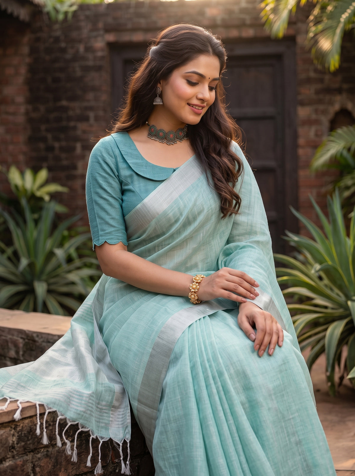 MIMOSA Rama Banarasi Cotton Saree — pose 10 styling detail