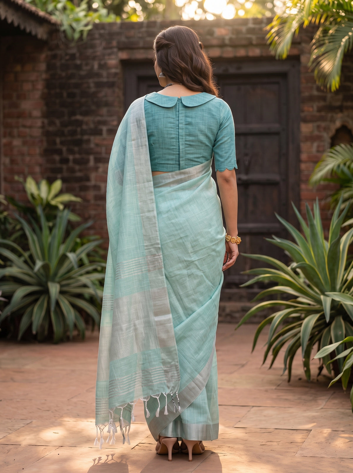 MIMOSA Rama Banarasi Cotton Saree — Pallu and body detail