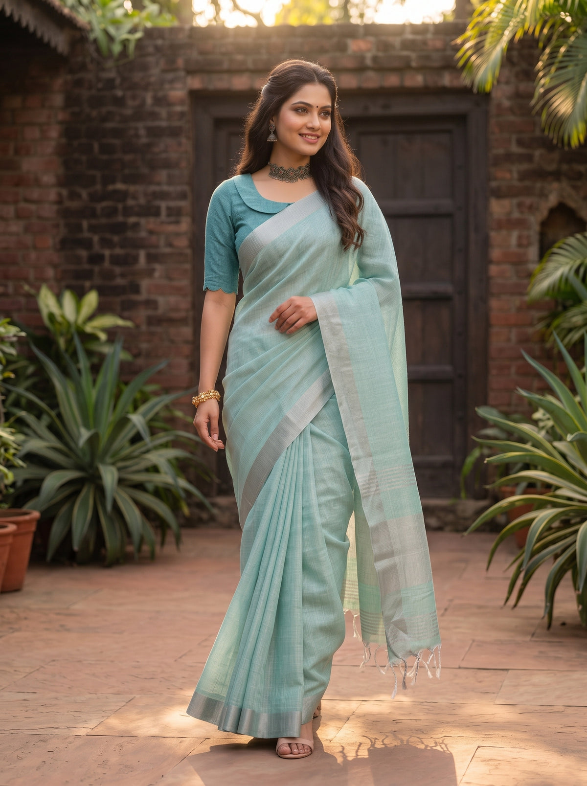 MIMOSA Rama Banarasi Cotton Saree — pose 6 styling detail