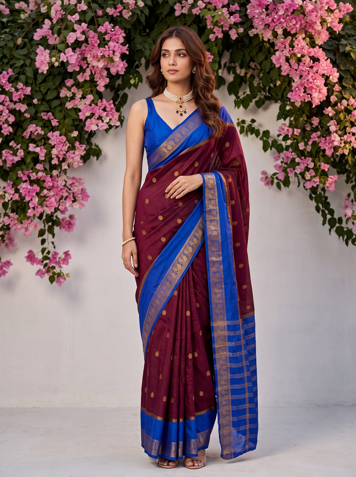 MIMOSA Wine Mysore Silk Crepe Saree — Model draped in saree