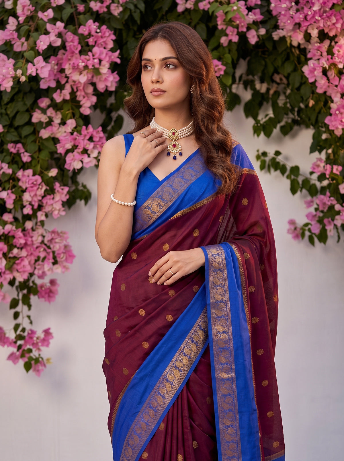 MIMOSA Wine Mysore Silk Crepe Saree — pose 10 styling detail