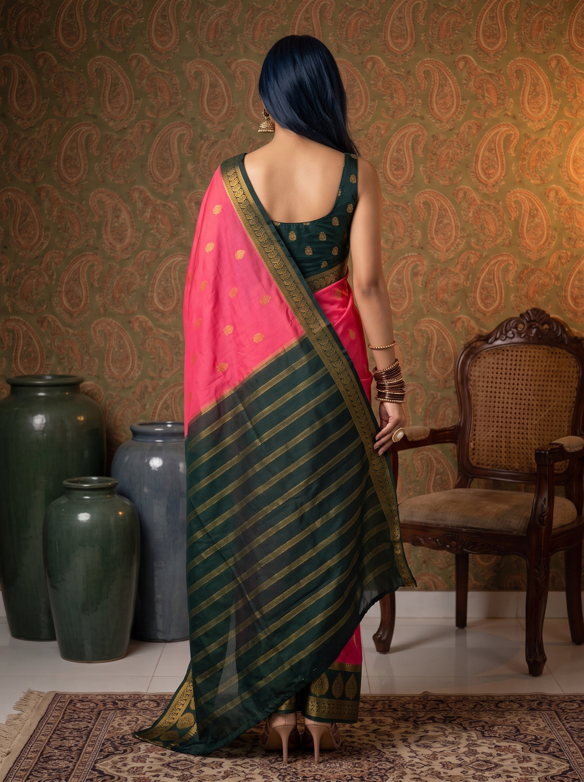 MIMOSA Gajari Mysore Silk Crepe Saree — Saree shot with pallu and body detail