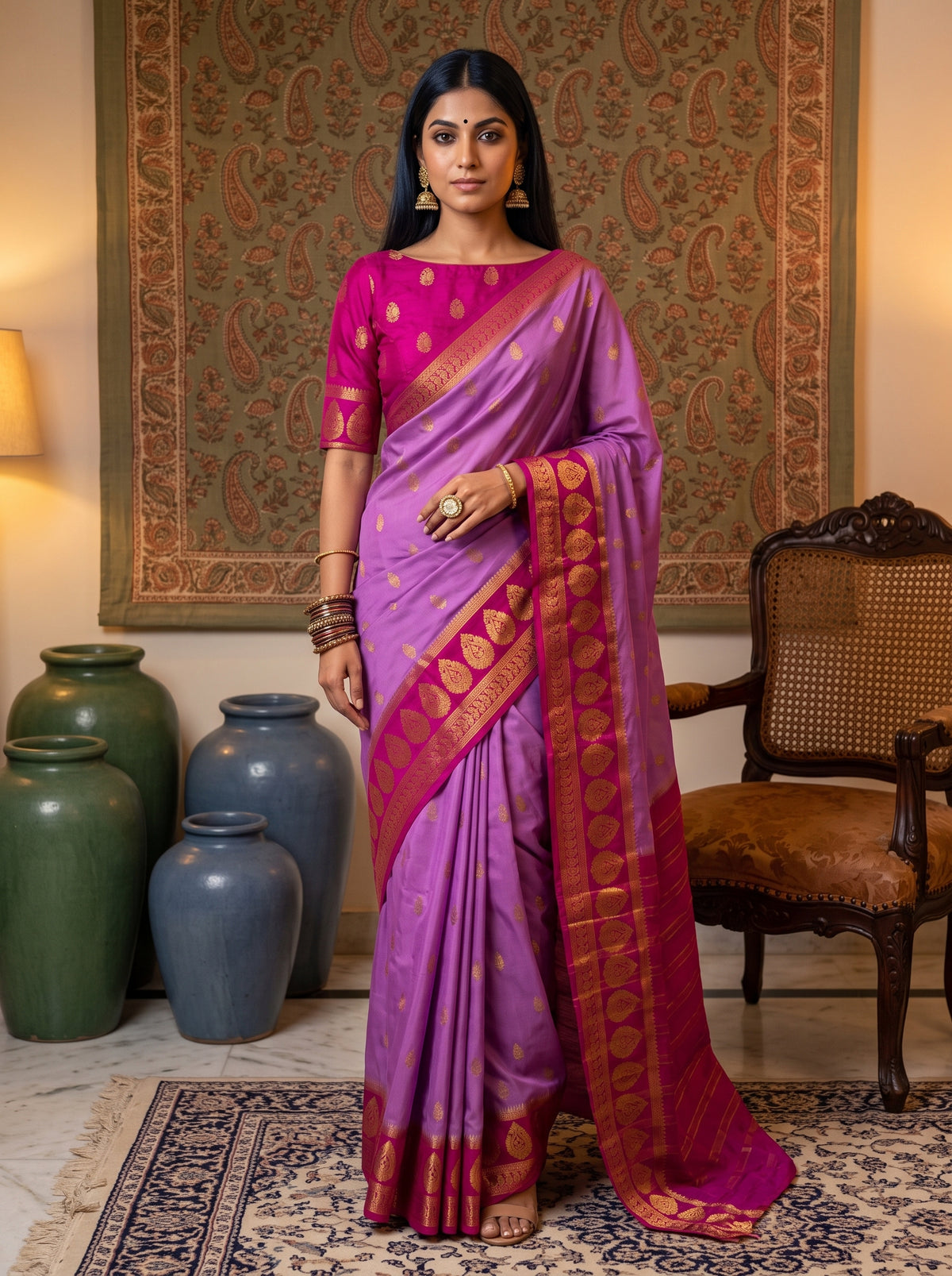 MIMOSA Lavender Mysore Silk Crepe Saree — Model lifestyle pose