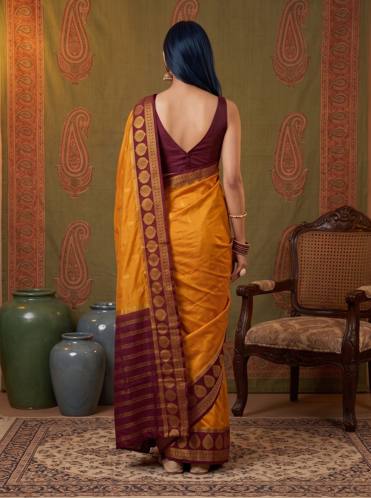 MIMOSA Mustard Mysore Silk Crepe Saree — Saree shot with pallu and body detail