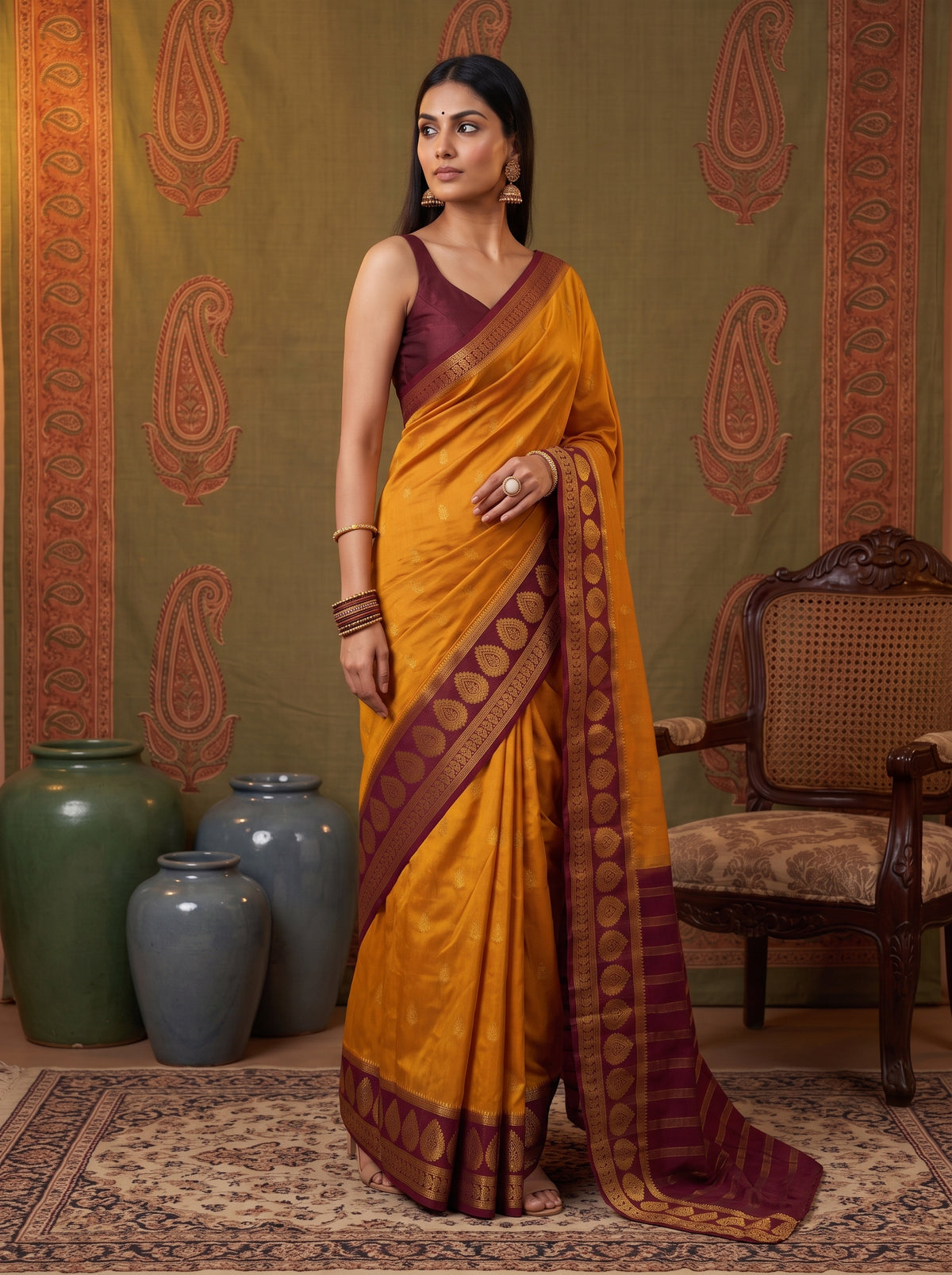 MIMOSA Mustard Mysore Silk Crepe Saree — pose 5 styling detail