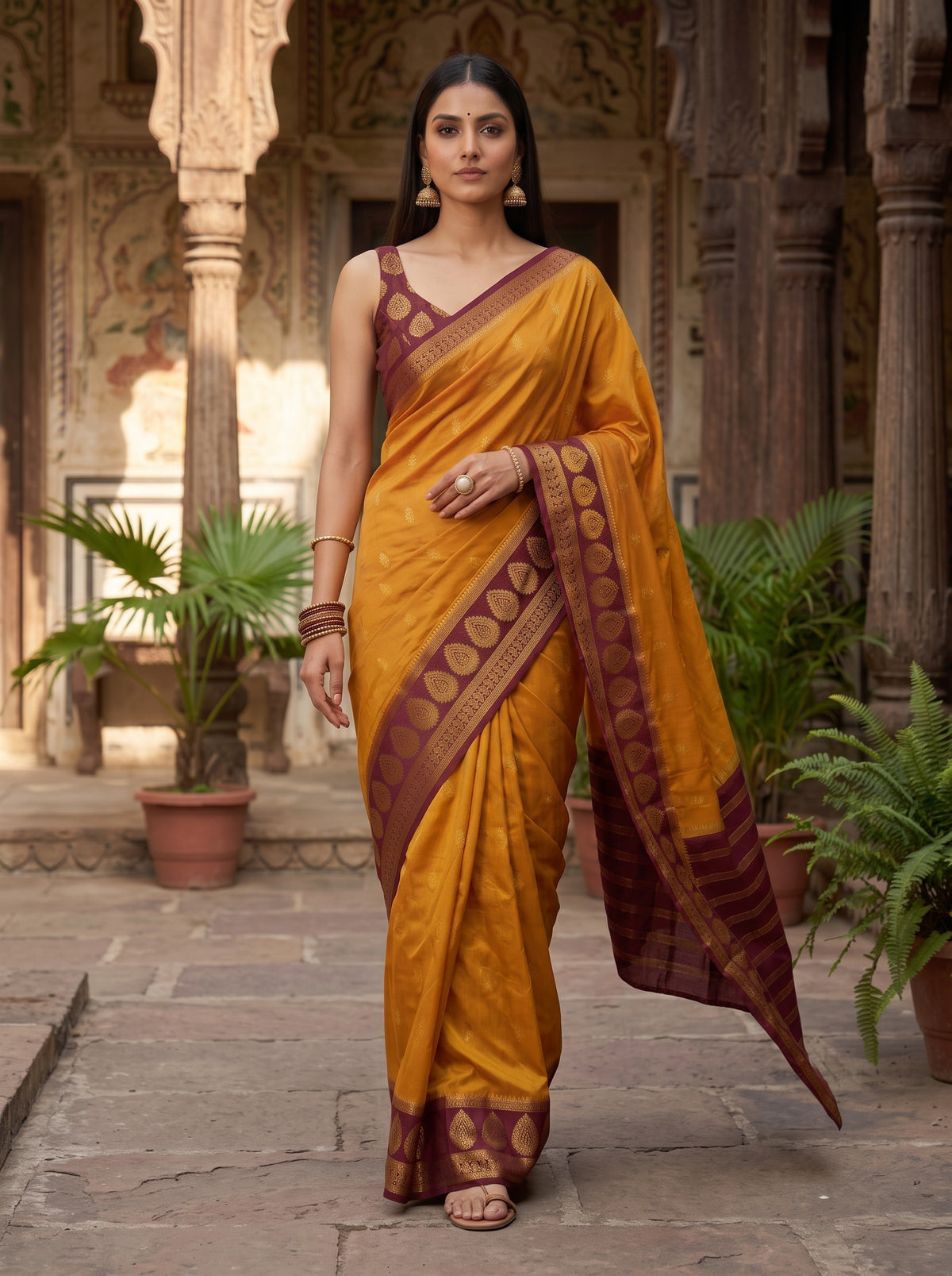 MIMOSA Mustard Mysore Silk Crepe Saree — pose 6 styling detail
