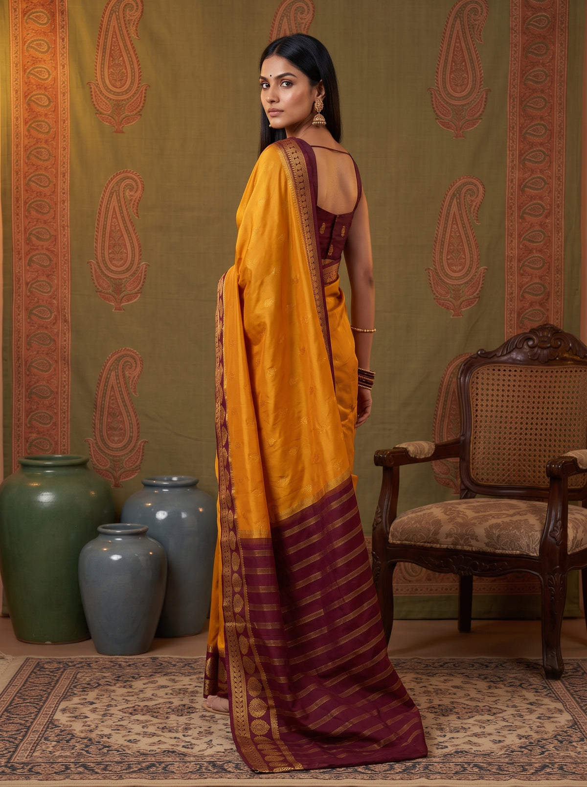 MIMOSA Mustard Mysore Silk Crepe Saree — pose 7 styling detail