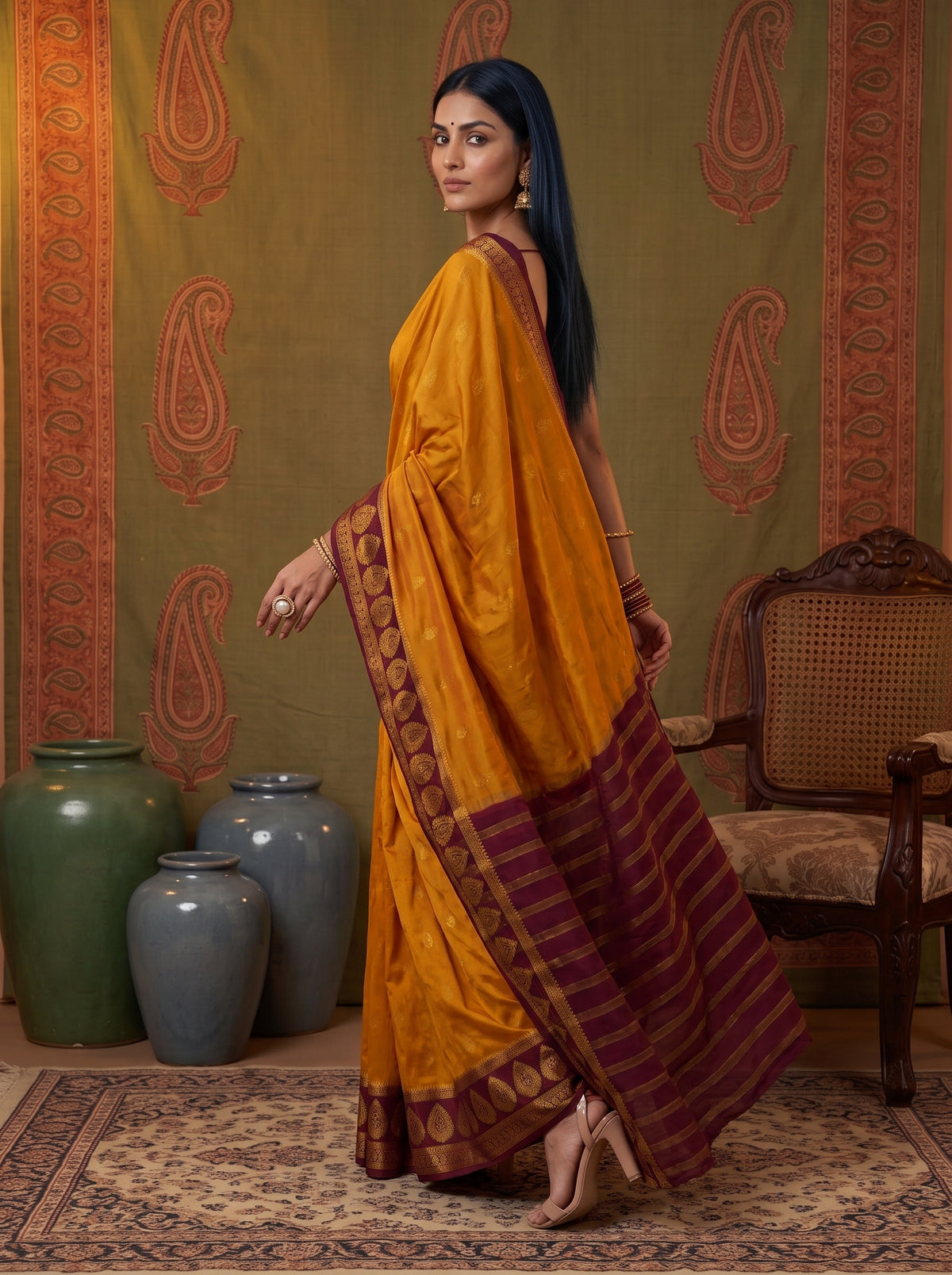 MIMOSA Mustard Mysore Silk Crepe Saree — pose 9 styling detail