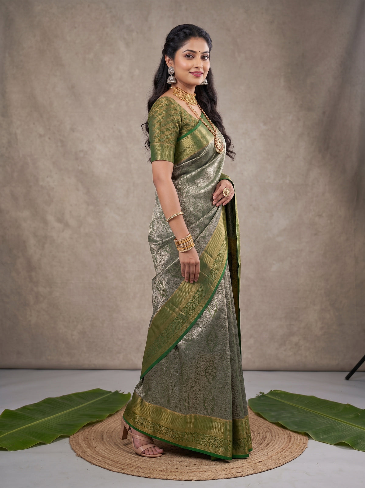 MIMOSA Bottle Green Kanjivaram Art Silk Saree — pose 3 styling detail