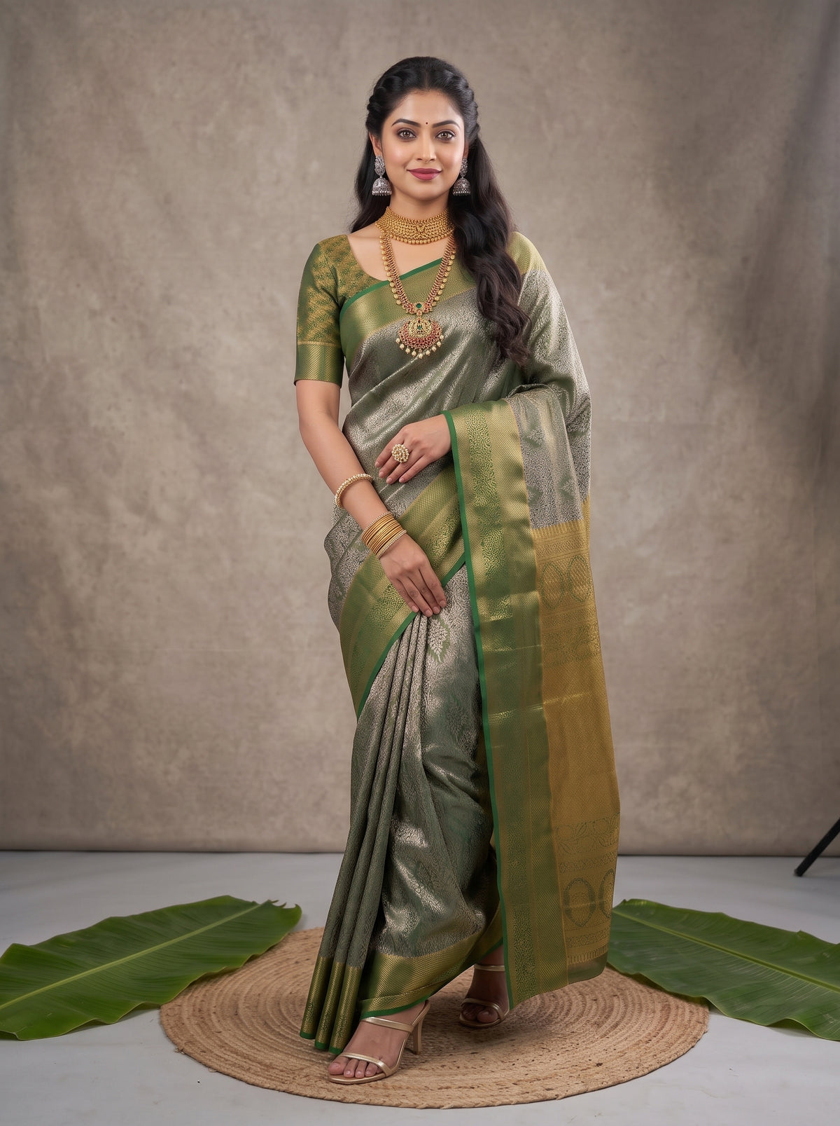 MIMOSA Bottle Green Kanjivaram Art Silk Saree — pose 6 styling detail