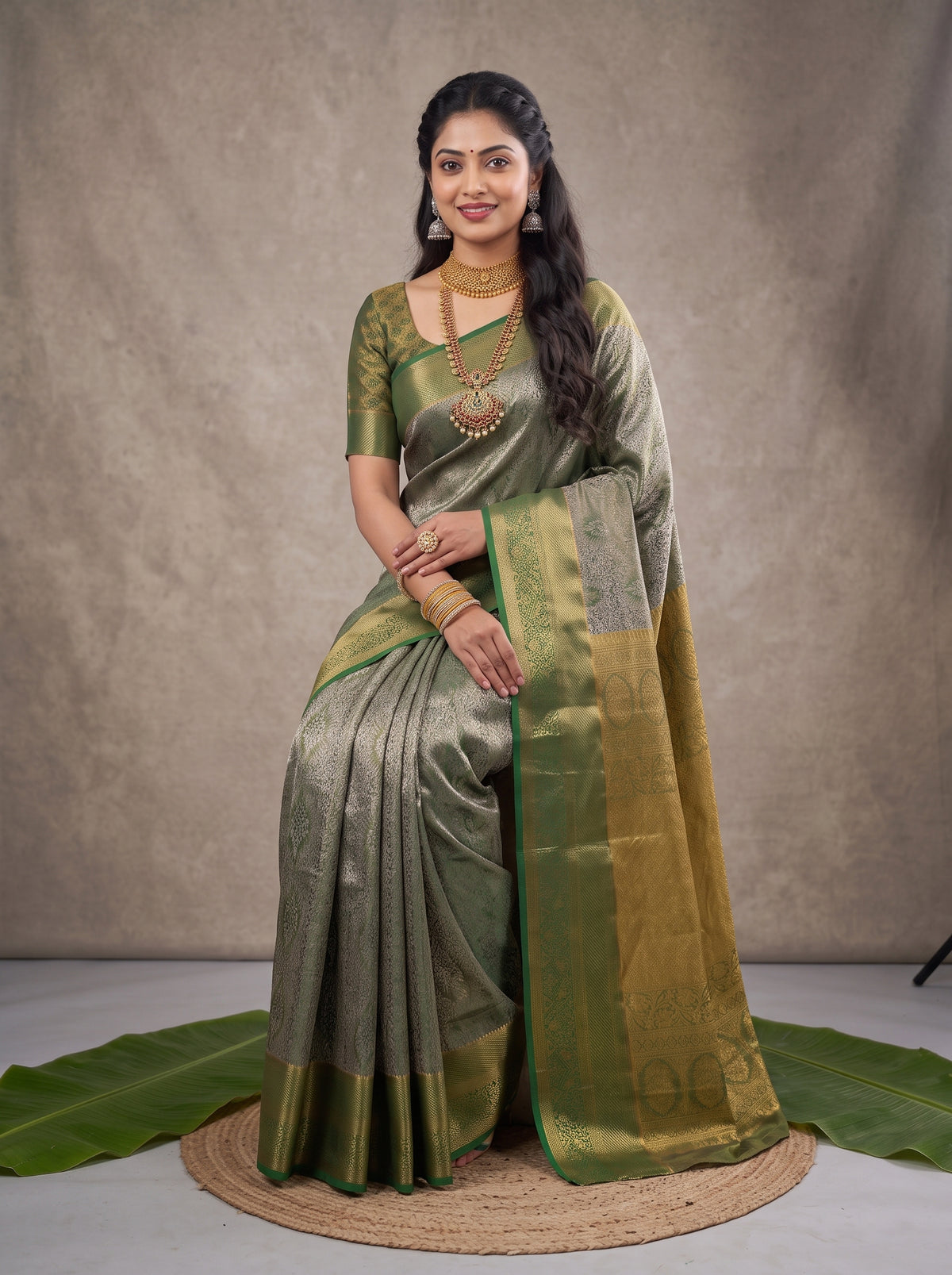 MIMOSA Bottle Green Kanjivaram Art Silk Saree — pose 8 styling detail