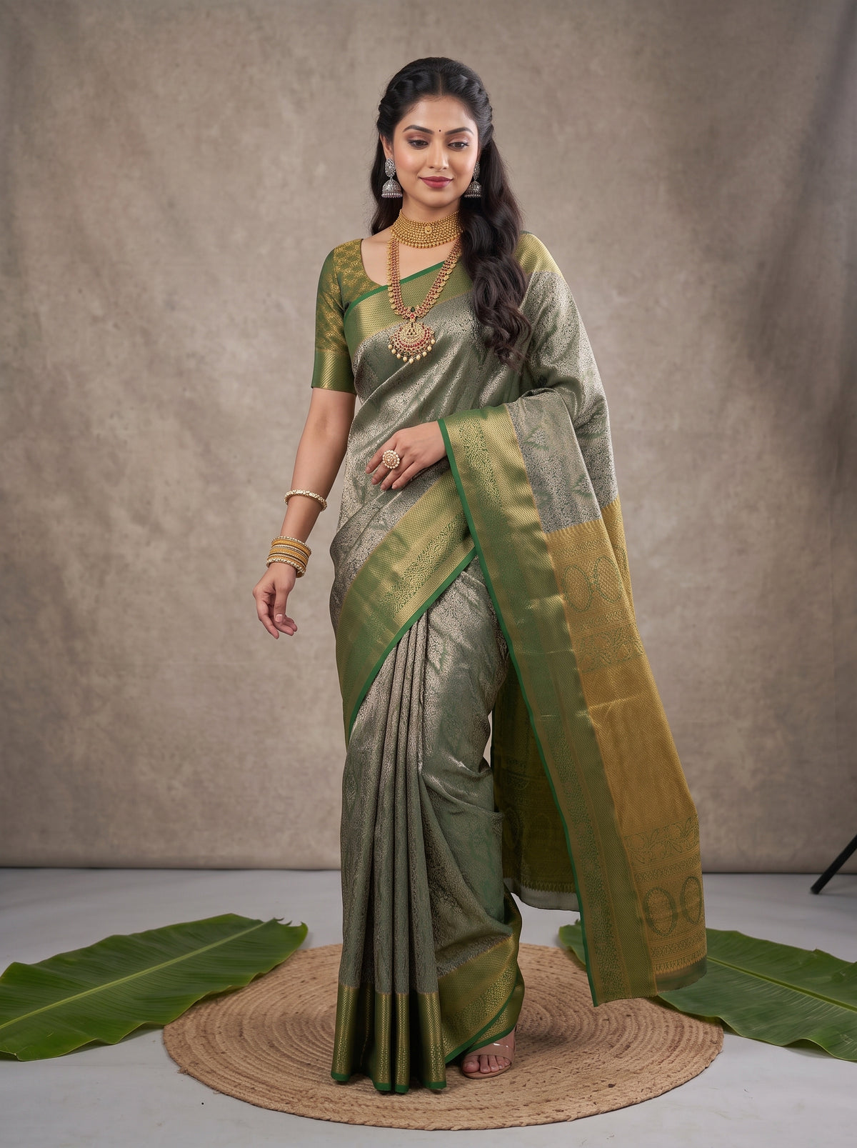 MIMOSA Bottle Green Kanjivaram Art Silk Saree — pose 9 styling detail
