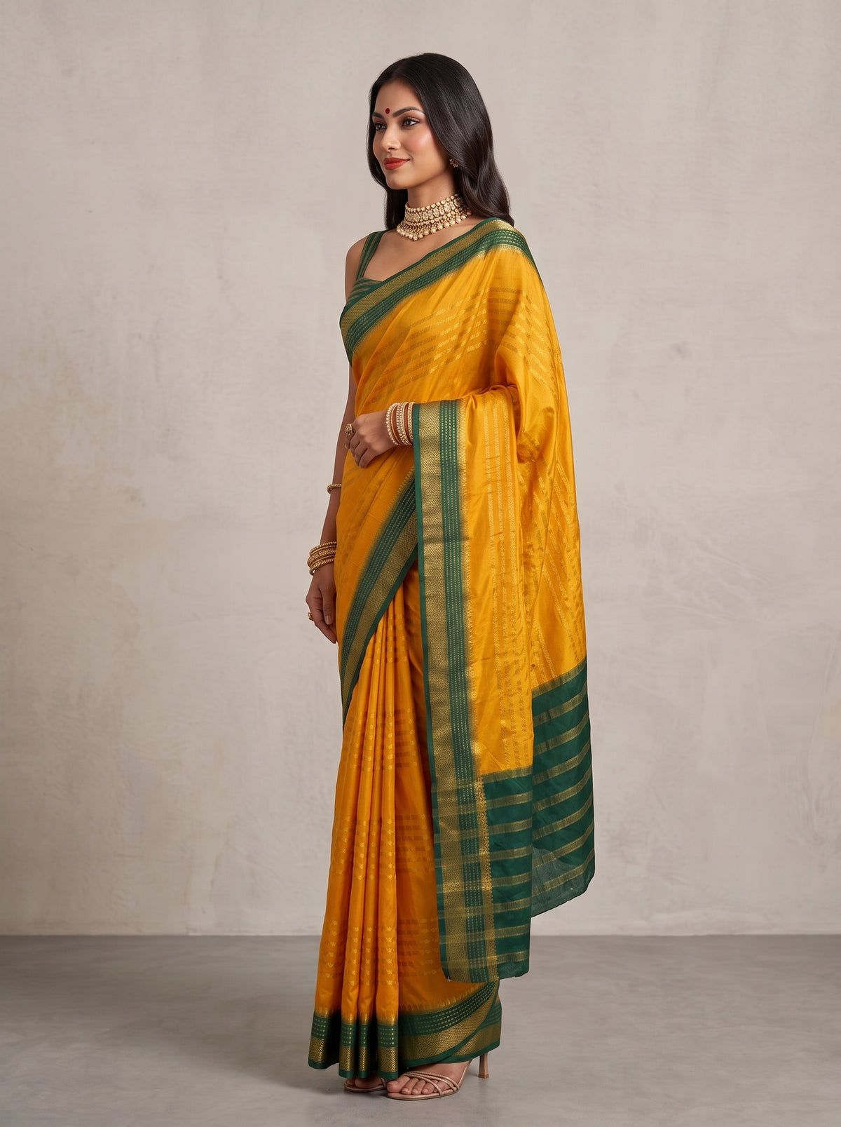 MIMOSA Mustard Mysore Silk Saree — pose 3 styling detail