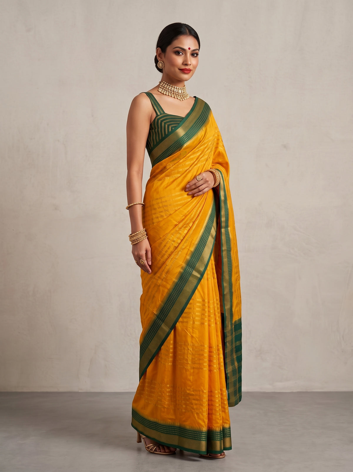 MIMOSA Mustard Mysore Silk Saree — pose 5 styling detail