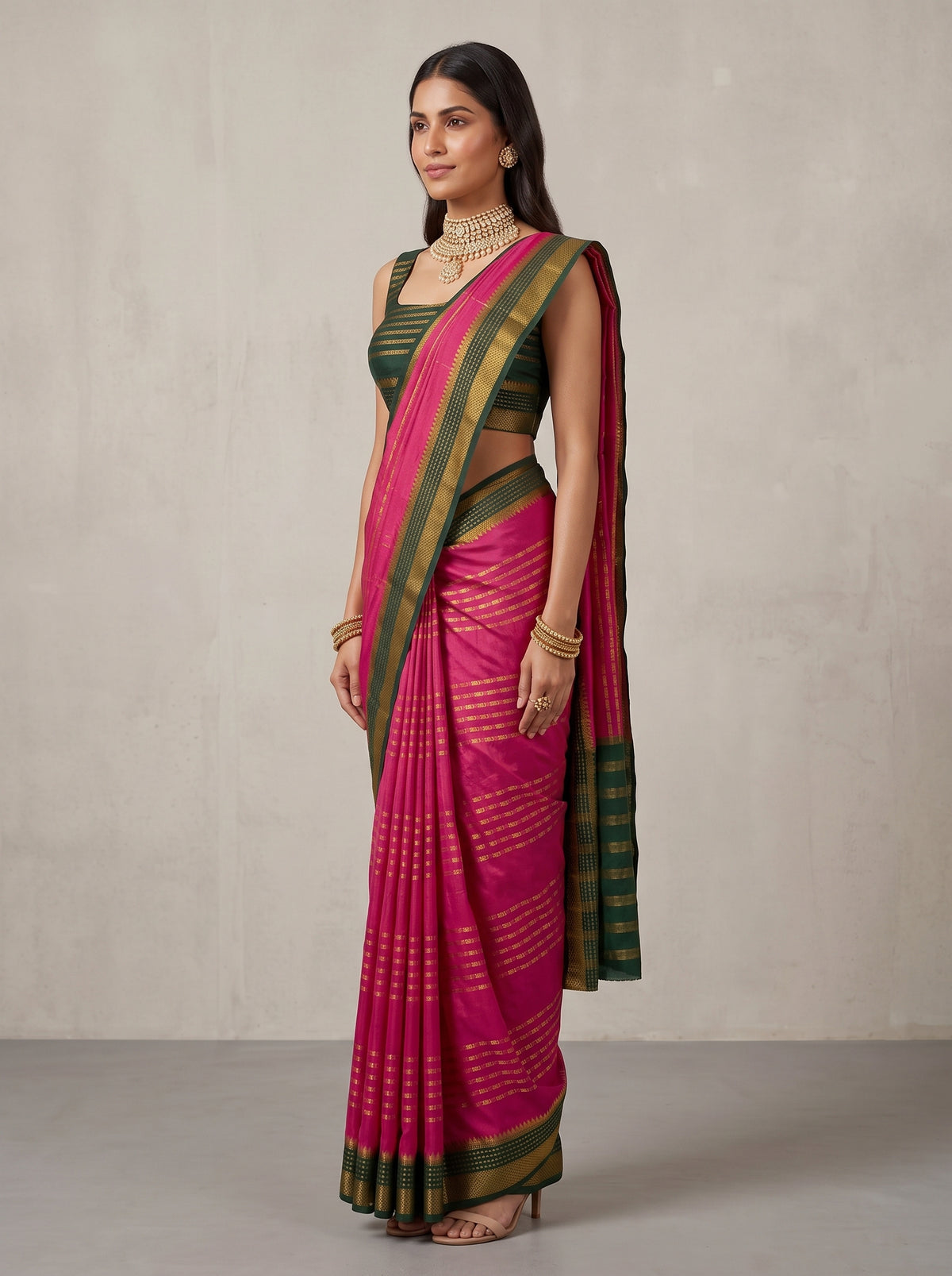 MIMOSA Strawberry Mysore Silk Saree — pose 3 styling detail