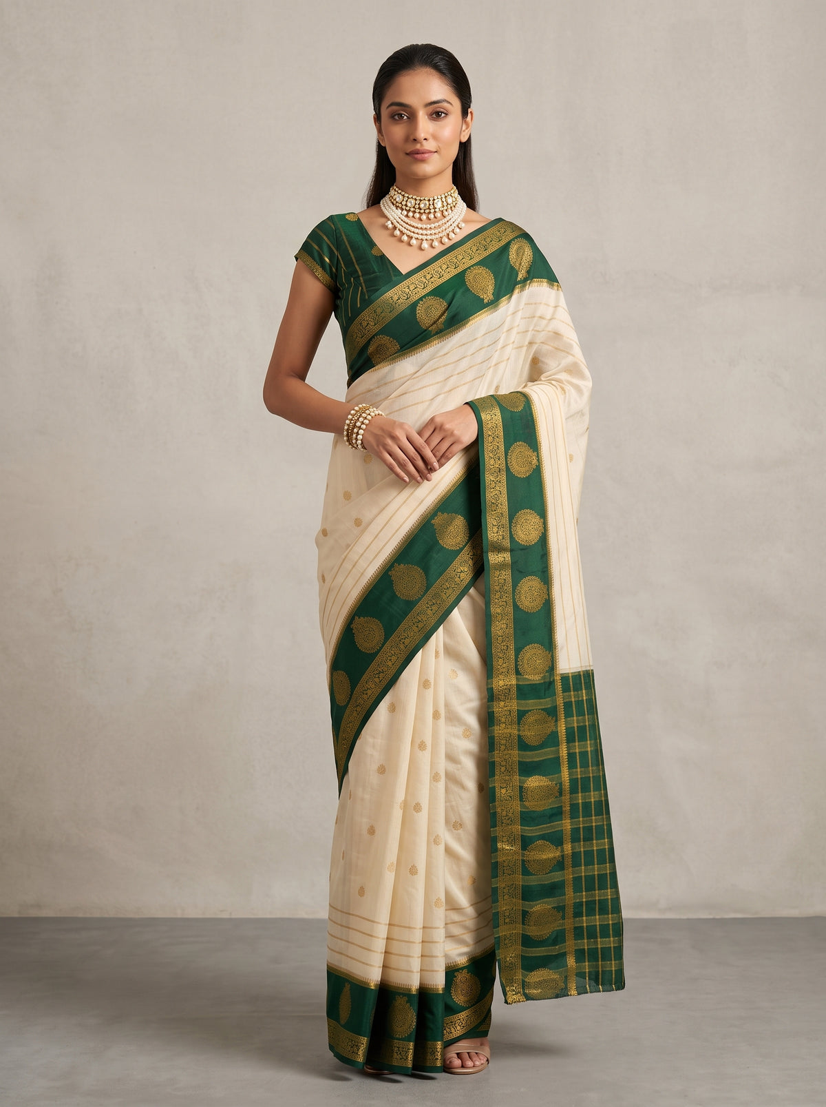 MIMOSA Half White Mysore Silk Saree — front view on mannequin