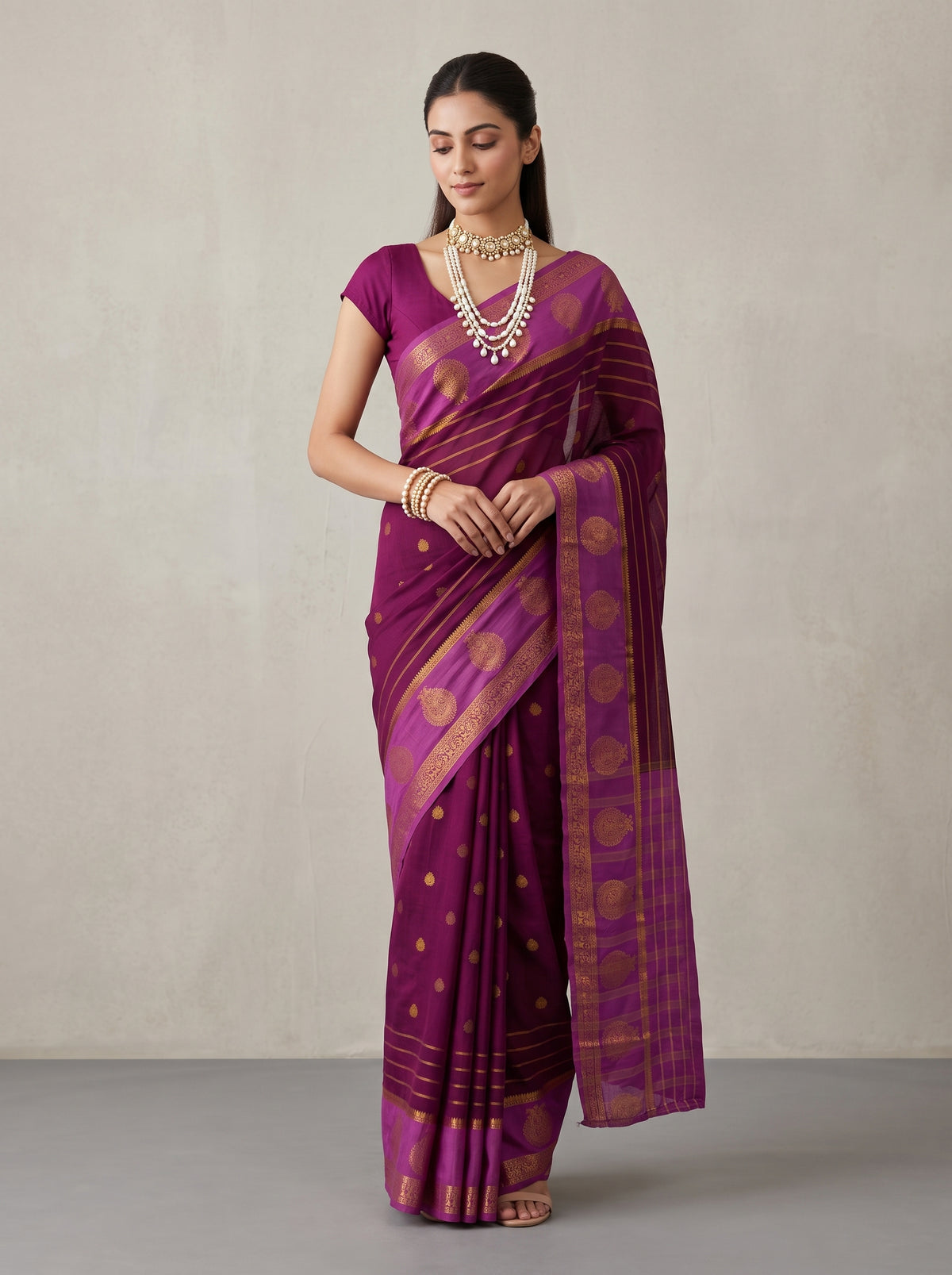 MIMOSA Jamun Mysore Silk Saree — front view on mannequin