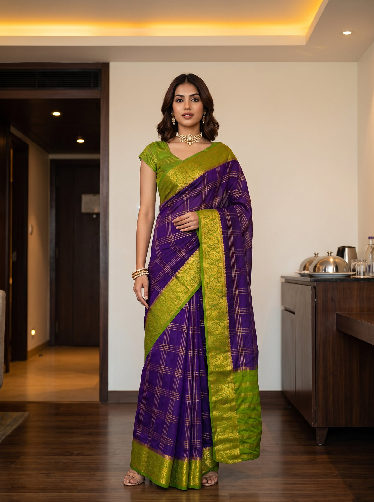 MIMOSA Jamun Mysore Silk Crepe Saree — AI Model lifestyle pose 1
