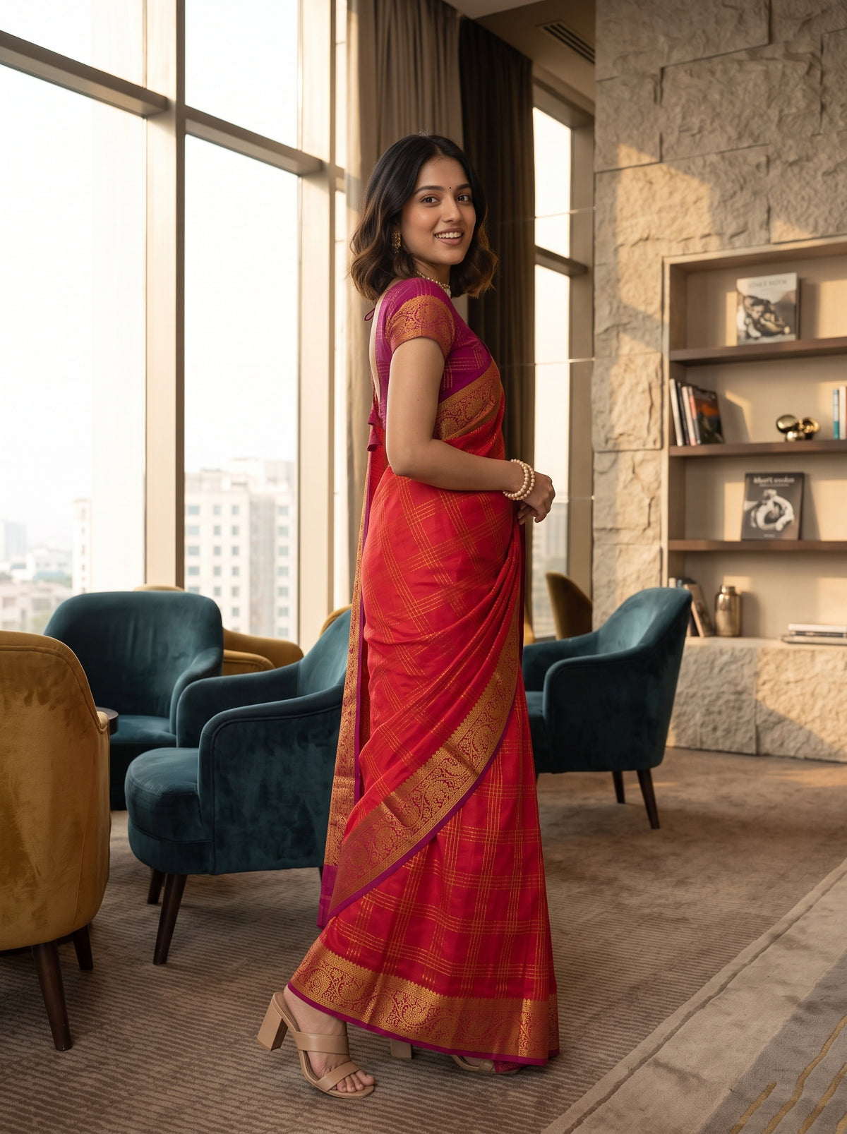 MIMOSA Orange Mysore Silk Crepe Saree — pose 5 styling detail