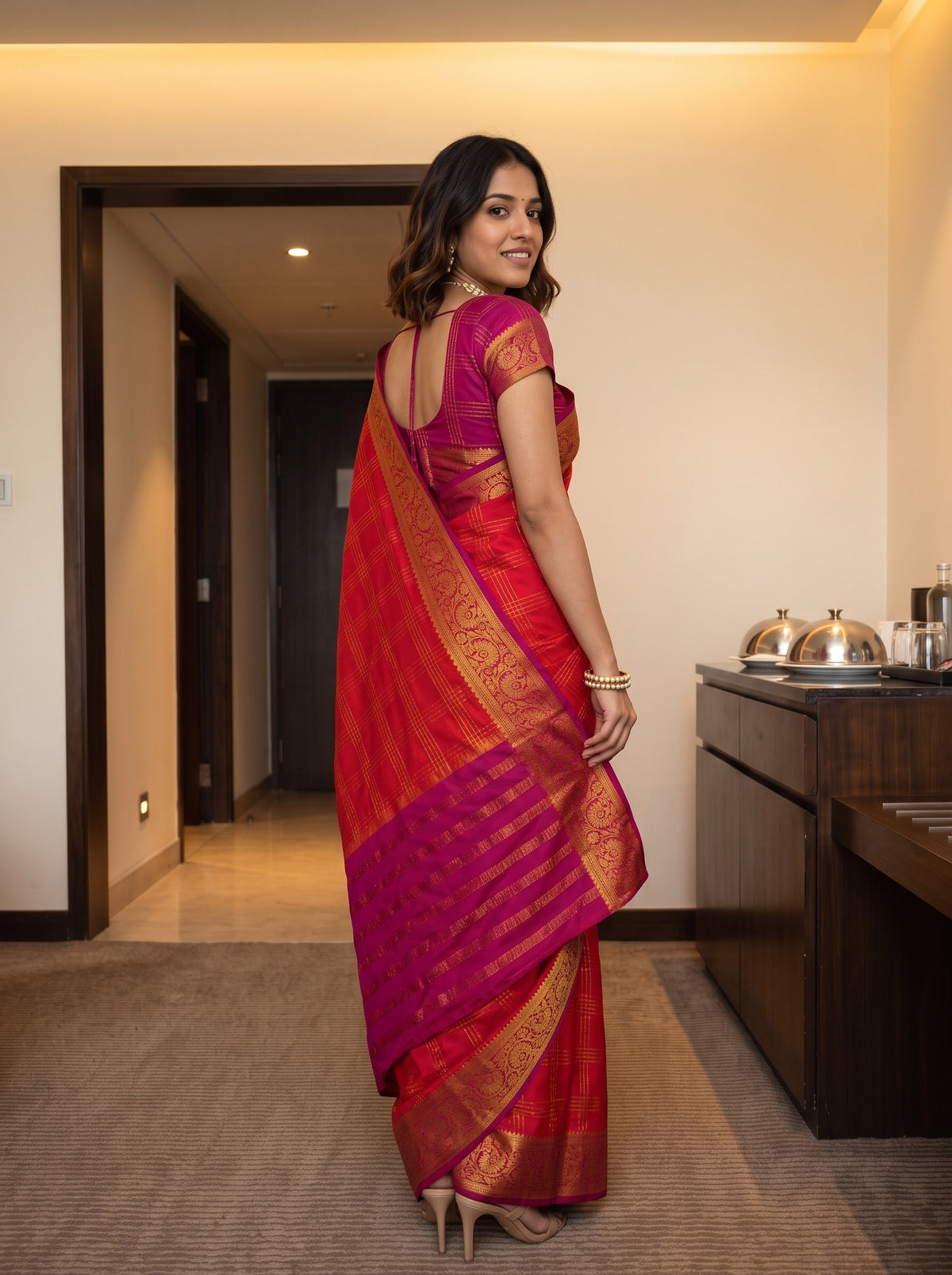 MIMOSA Orange Mysore Silk Crepe Saree — pose 7 styling detail